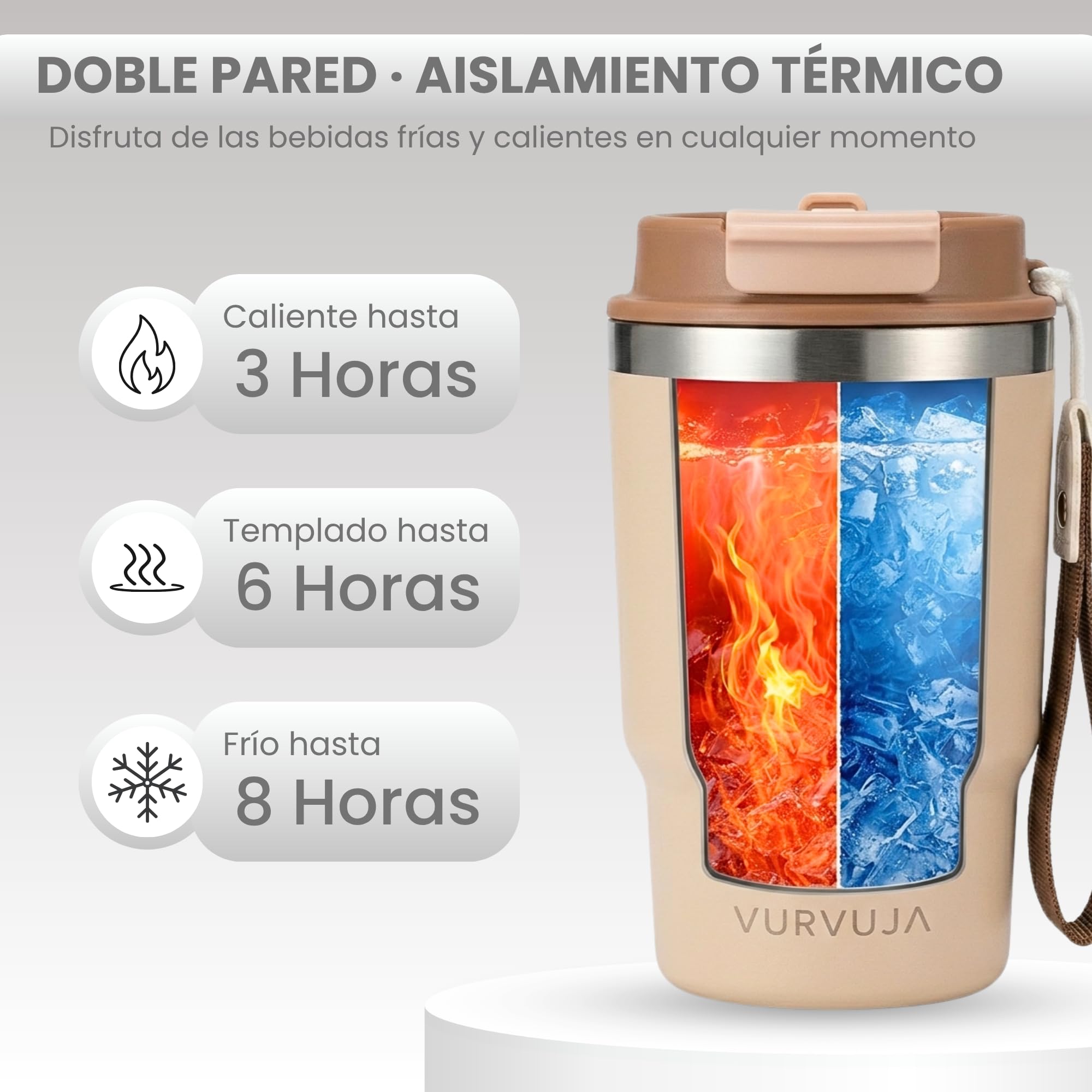 Vaso Termico 470ml de Acero Inoxidable 3en1 con Pajita y Tapa Antifugas. Taza Termica con Correa Integrada, Reutilizable y sin BPA. Termo Cafe para Llevar con Doble Pared para Frío y Calor. (Sand) — view 2