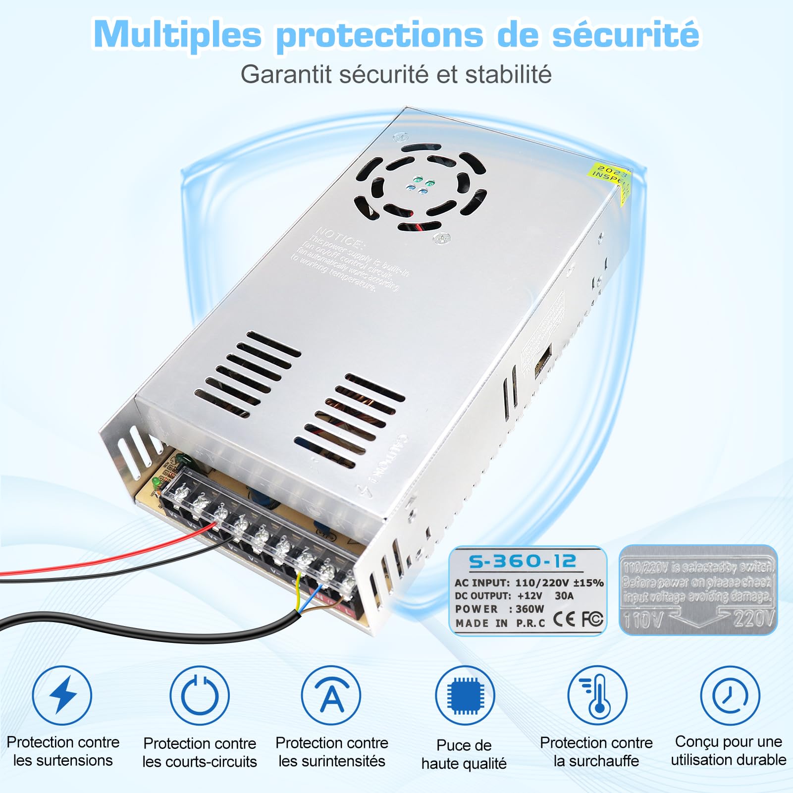 inShareplus Alimentation 12V 30A 360W pour LED, Alimentation à Découpage DC Régulée, Transformateur 230V vers 12V, Adaptateur Secteur pour Ruban LED, Imprimante 3D, Radio, Projets Électroniques