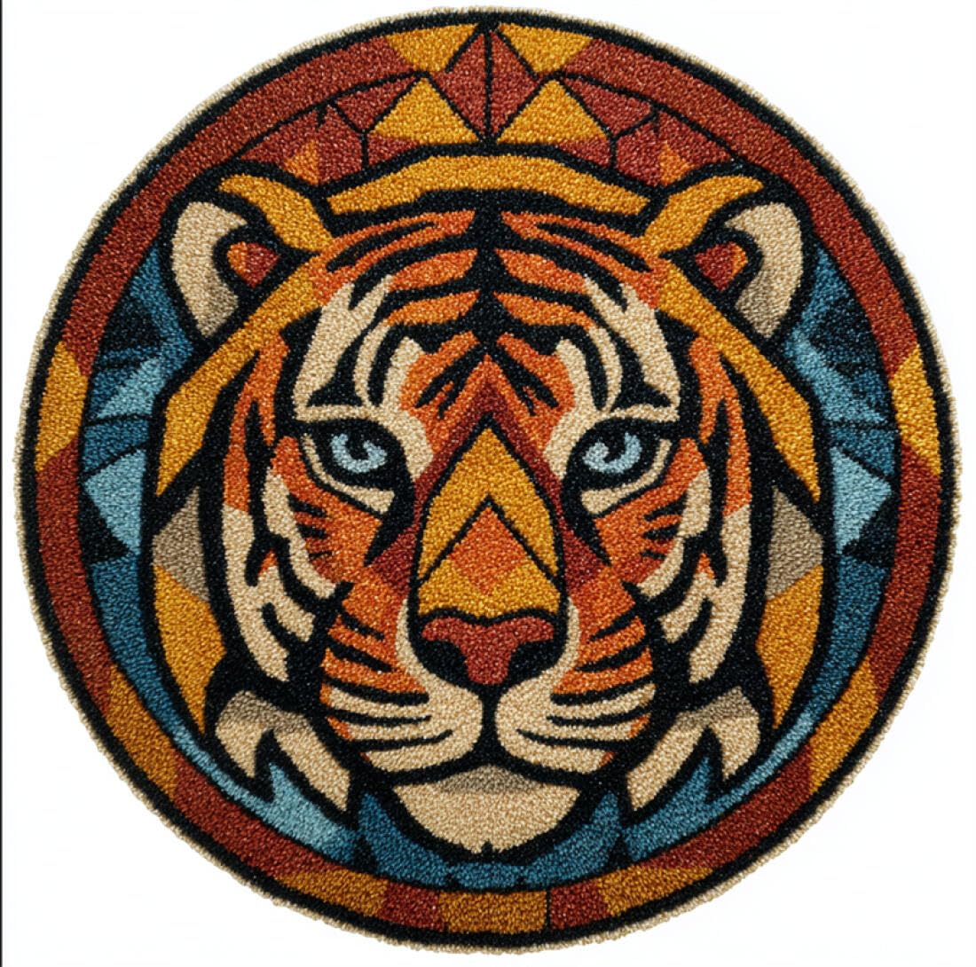 Rqwybcaxn DIY Latch Hook Rug Kit for Adults Animal Embroidery Kit Tiger Portrait 50x50cm Round Tapestry with Crochet Hook Living Room Craft Gift