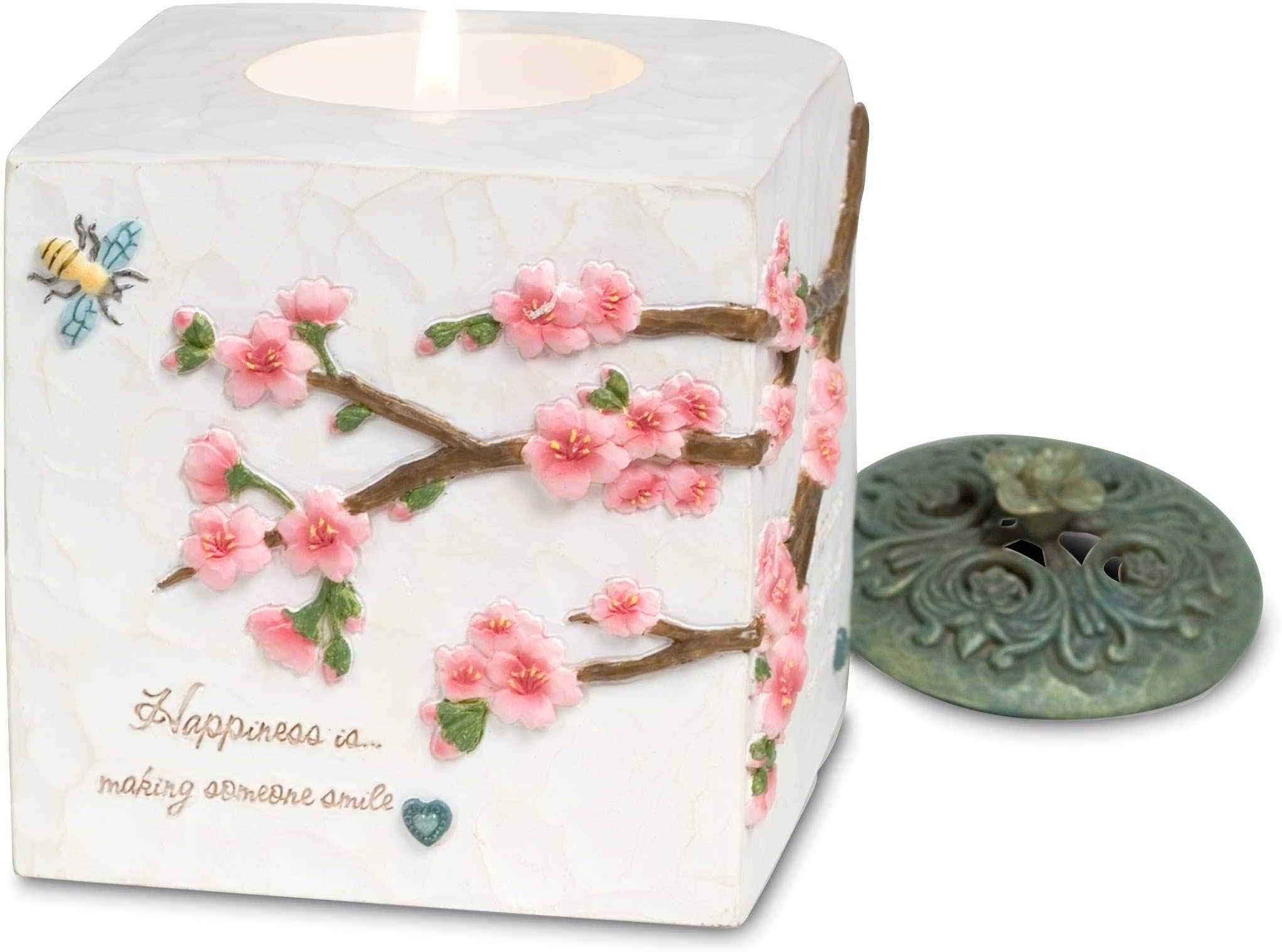 Comfort in Bloom - Happiness Bee Cherry Blossom Floral Square Tealight Candle Holder