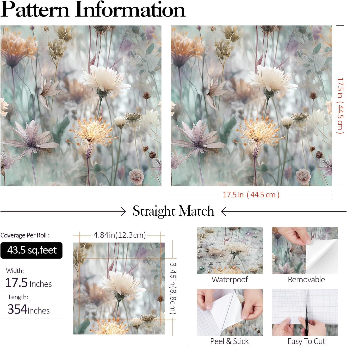 FunStick 17.5"x354" Floral Peel and Stick Wallpaper Vintage Boho Teal Daisy Flowers Self Adhesive Wall Paper Mural for Bedroom Removable Wallpaper Blue Green Floral Contact Paper for Walls Furniture