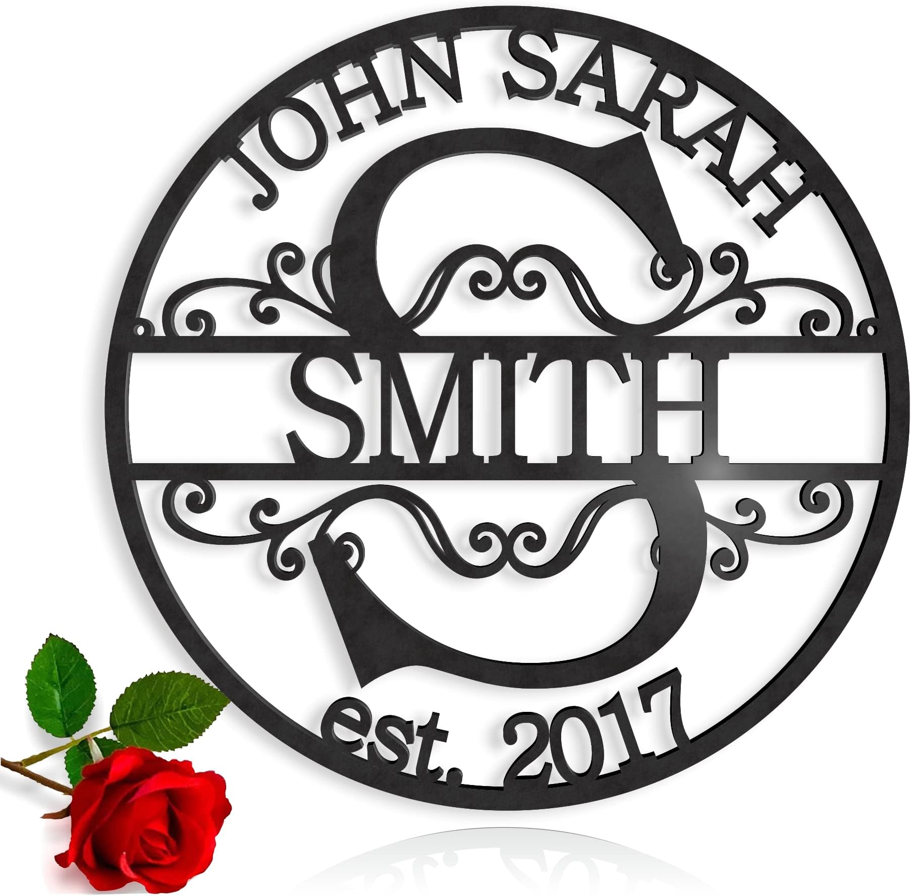 Personalised Family Sign, Last Name Sign, Monogram Initial Split Letter, Wedding Gift, Custom First Names, Est Sign, Established, Door Hanger Sign, Wall Decor, Housewarming, Metal Wall Art (Design 1)