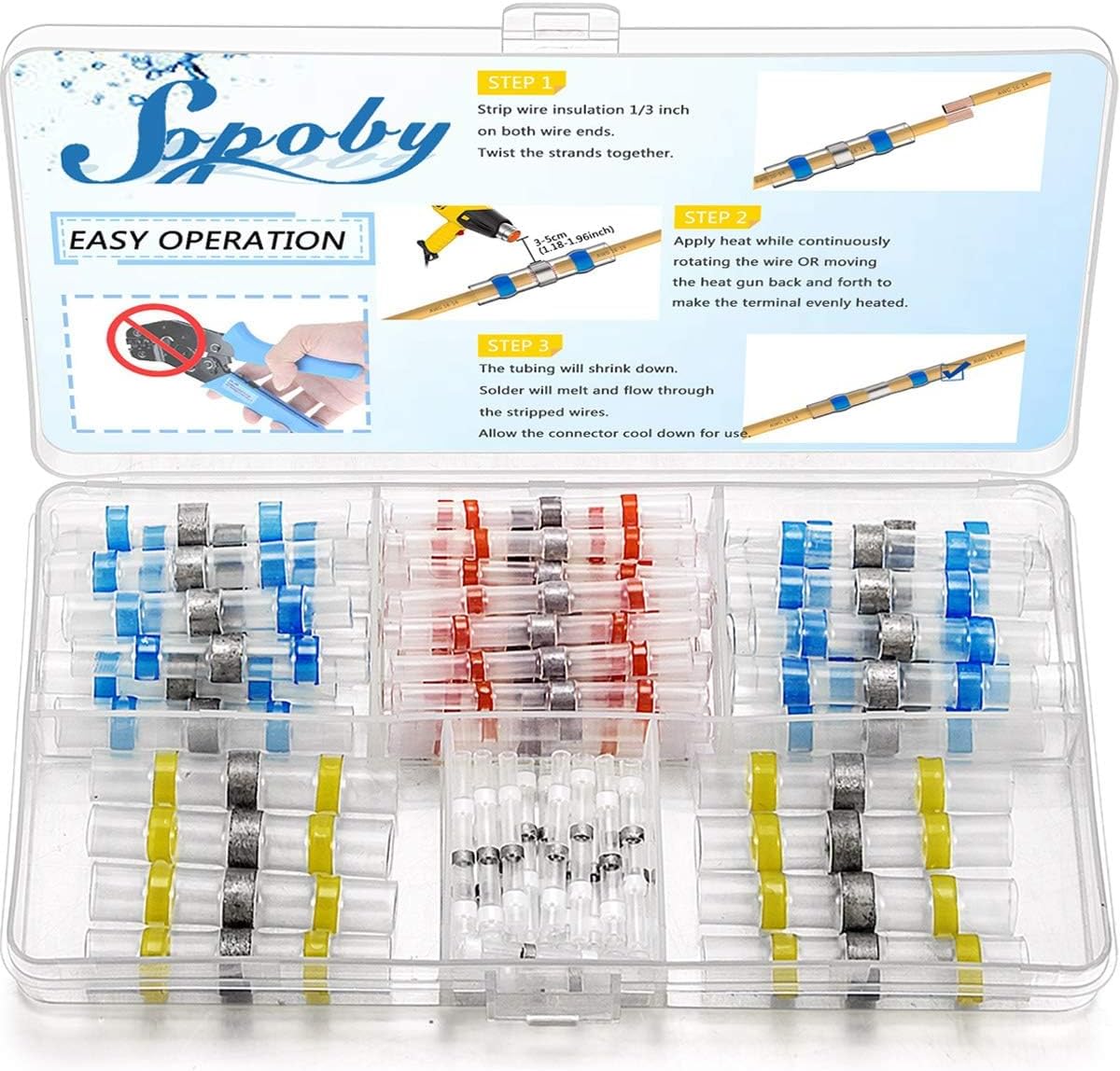 Sopoby 50pcs Solder Seal Wire Connector, Solder Seal Heat Shrink Butt Connectors Terminals Electrical Waterproof Insulated Marine Automotive Copper(23Red 12Blue 10White 5Yellow)