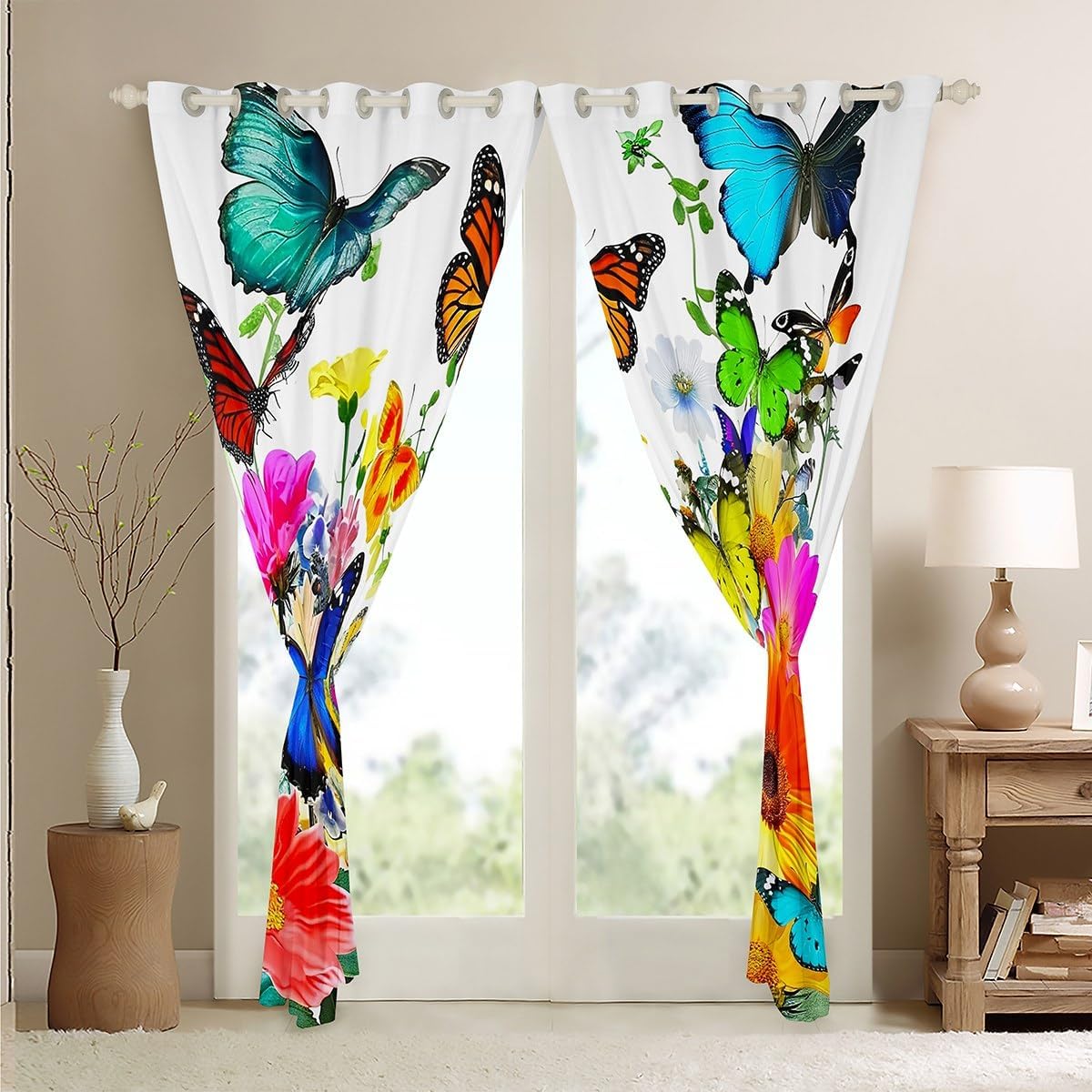 Butterfly 76"X45" Girls Curtains Rainbow Butterflies Blackout Curtains for Kids Child,Colorful Flowers Curtains & Drapes Watercolor Rose Daisy Window Curtains Rustic Aesthetic Animal Bedroom Decor