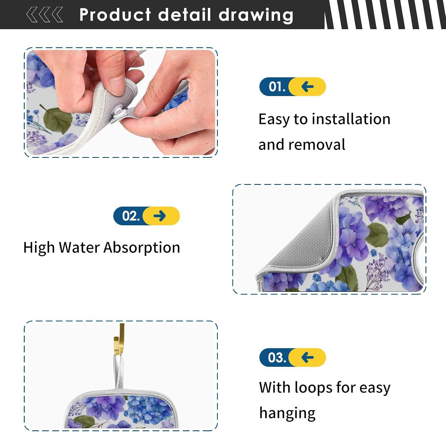 Purple Hydrangea Herb Vintage Blue Sink Mat for Faucet Sink Splash Guard Faucet Handle Drip Catcher for Kitchen Bathroom Absorbent Microfiber Dish Drying Mat with 1 Hole 2pcs L image 5
