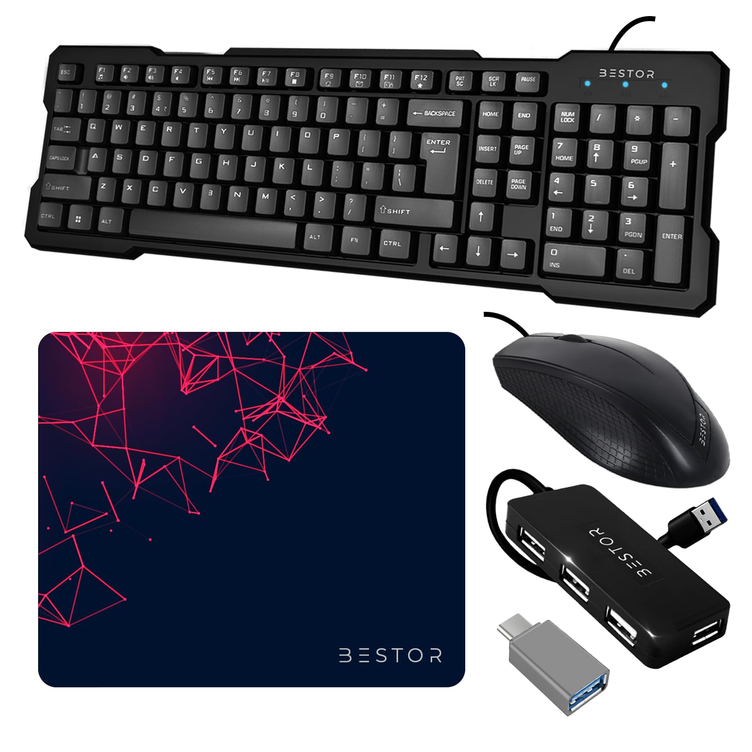 Bestor Set of 5 Combos of USB Wired Keyboard, Wired Mouse, Mouse Pad Base Waterproof, type A to type C converter & 4 port USB HUB for PC, Laptop, Computer with Windows-image-19