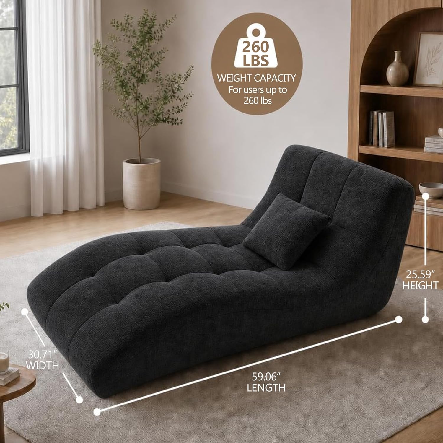 Comeon Chaise Lounge Chair with Backrest, Modern Curved Lazy Floor Recliner Sofa Indoor Oversized Sleeper Chair Comfy Boneless Sofa Bed for Living Room, Bedroom, Apartment (Black)
