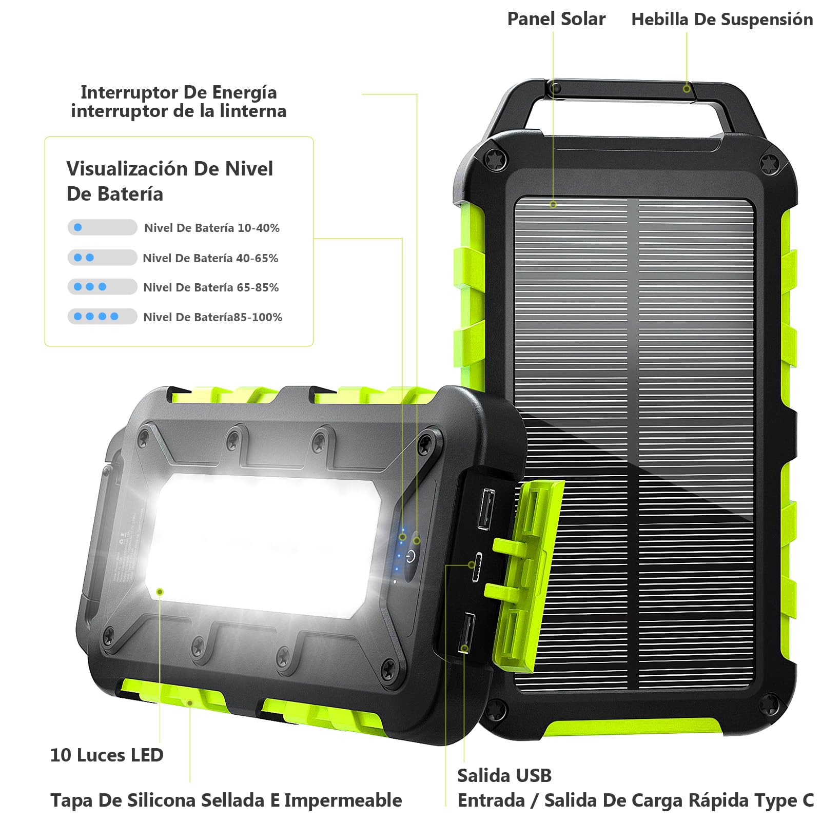 Cargador Solar 10000mAh Power Bank Solar, Bateria Externa con Carga Rápida 22,5 W Impermeable IPX4 2 Puertos USB + Linterna LED Compatible con Smartphones Tablets Camping y Emergencias Verde