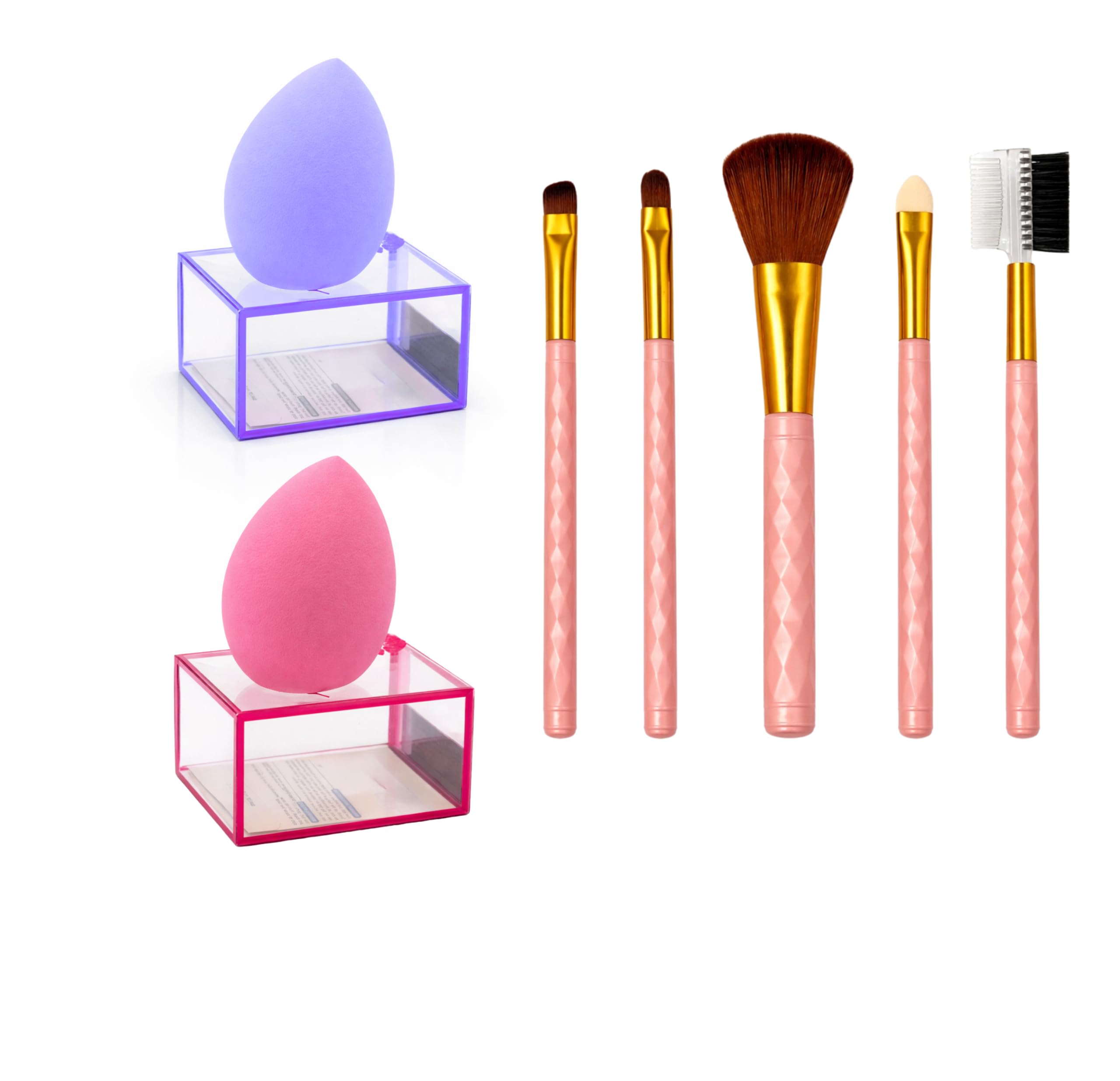 Professional 7-Piece Makeup Brush & Beauty Blender Tool Kit Combo - 5 Pcs Pink Diamond Handle Cosmetic Brushes Set & 2 Pcs Teardrop Foundation Blending Sponges with Display Stands | Travel-Friendly Face Base Makeup Accessories Gift Pack for Women & Beginners-picture-39