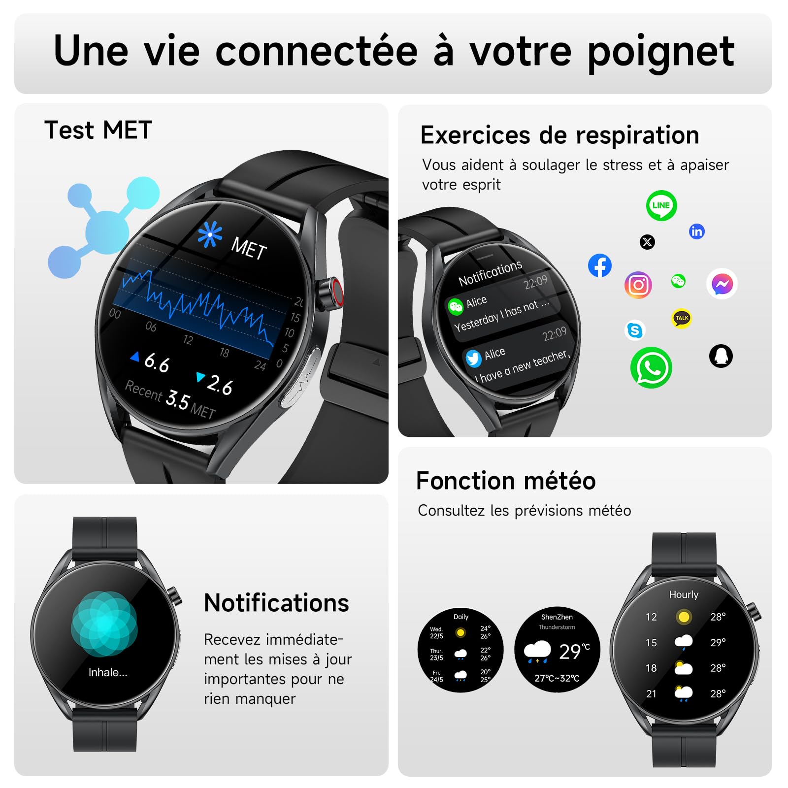 Marsyu Montre Connectée avec ECG/HRV/IMC/SPO₂/Sommeil, Sport Santé 24h IP68