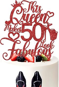 This Queen makes 50 Look Fabulous Cake Topper, Legend Since 1974/Cheers to 50 Years,Happy 50th Birthday Party Decorations Supplies for Women, Red Glitter