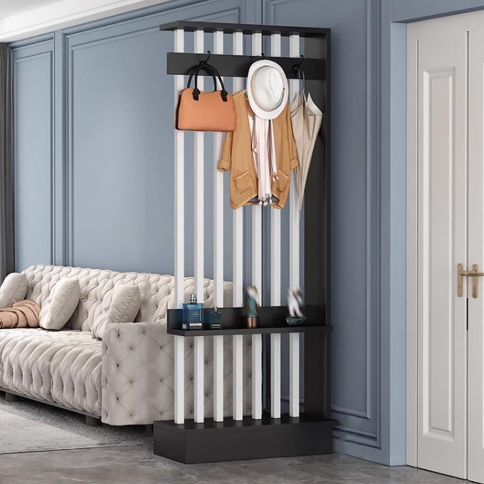 Séparateur de pièce avec porte-manteaux et étagère ouverte bois et acier 68cm