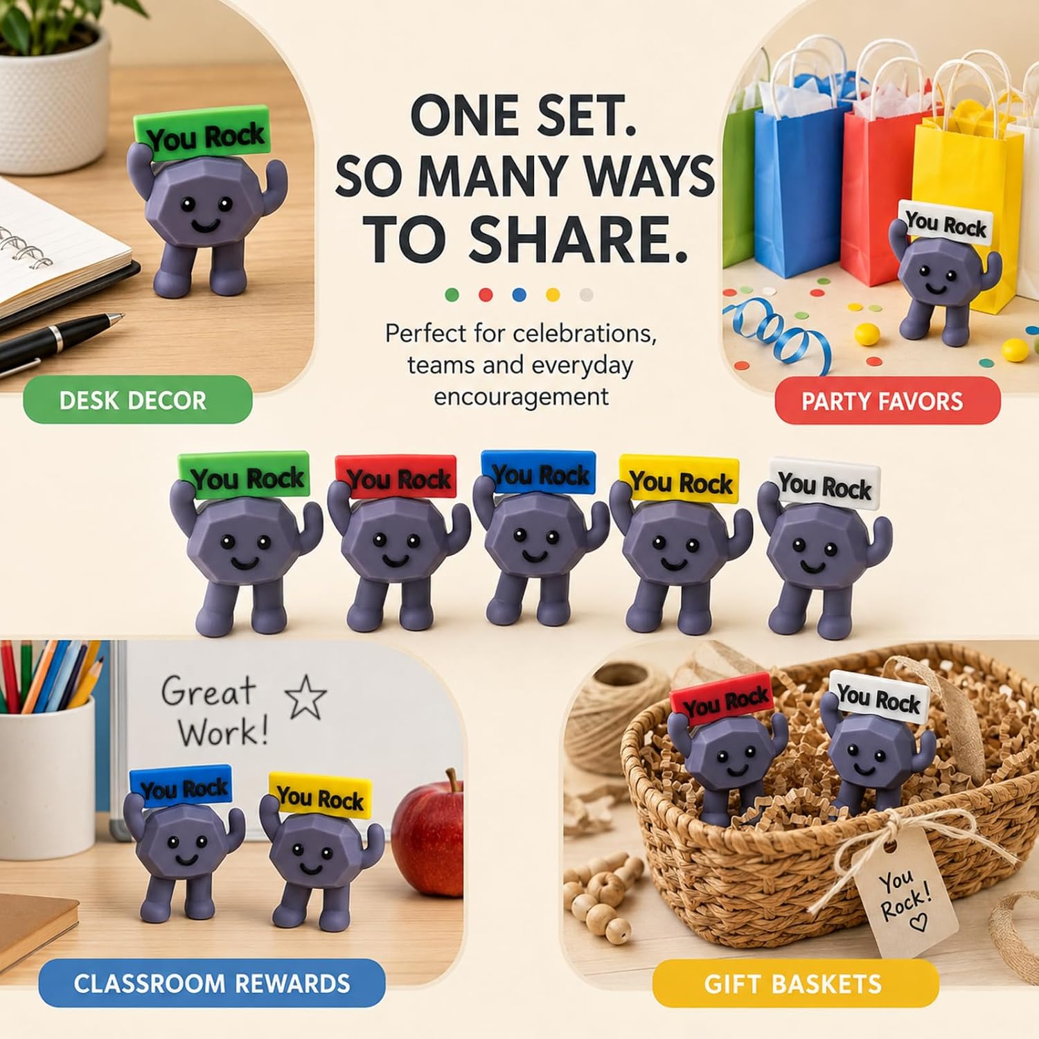 50 Pcs Mini Rubber You Rock Toys, Tiny Positive You Rock Figures