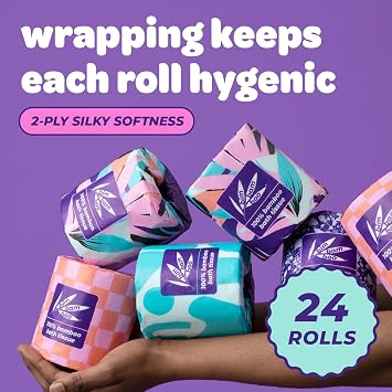 Bim Bam Boo 100% Bamboo Organic Chemical-Free Bulk Toilet Paper, Cloud-like Softness, Plant-Based Sustainable Tree-Free Bathroom Tissue, 24 Eco-Friendly Rolls, 2 Ply, 295 Sheets for RV and Camping