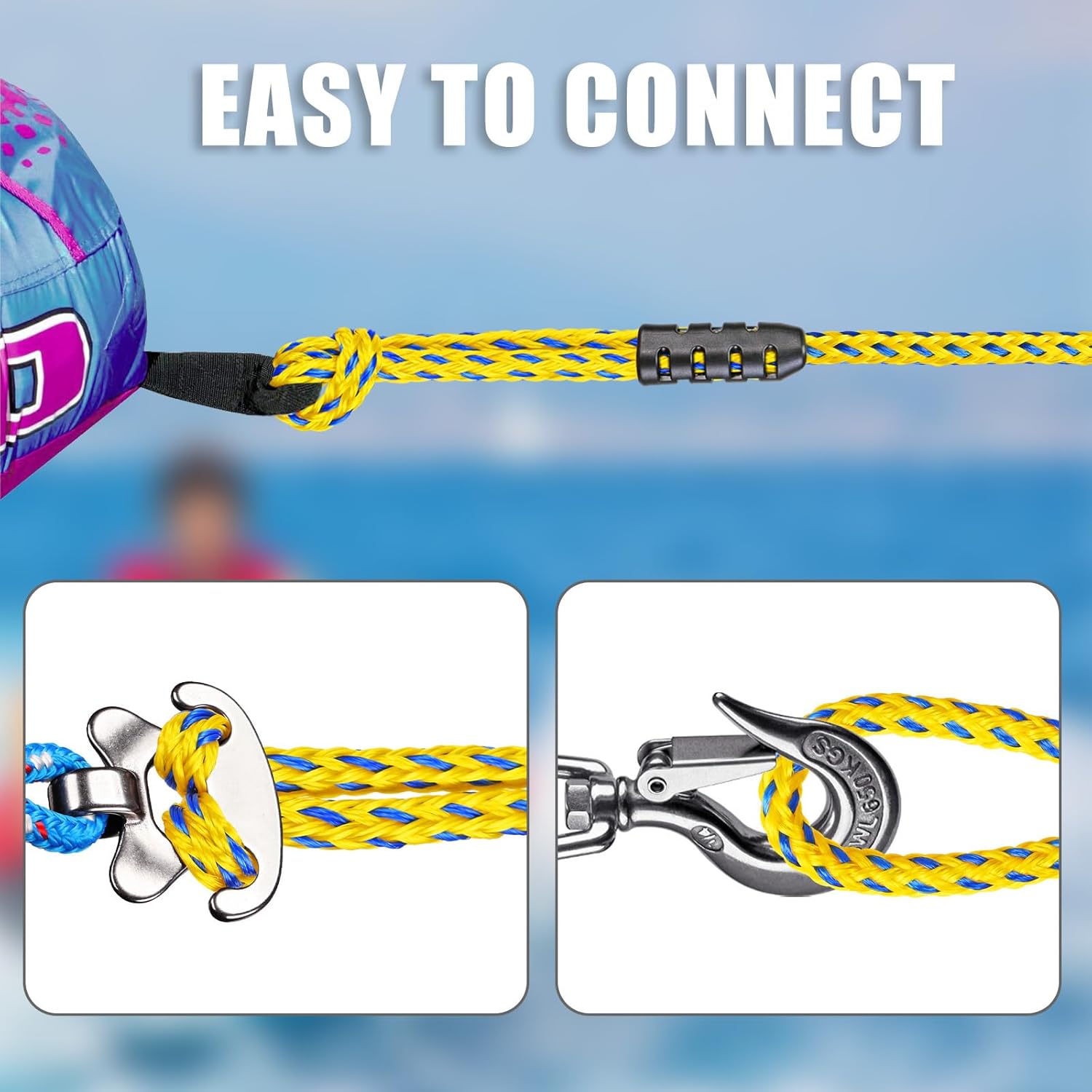 SELEWARE Heavy-Duty 65ft Boat Tow Rope for Tubing, 1-4 Person Tube Tow Rope, Watersports Rope for Towable Tubes