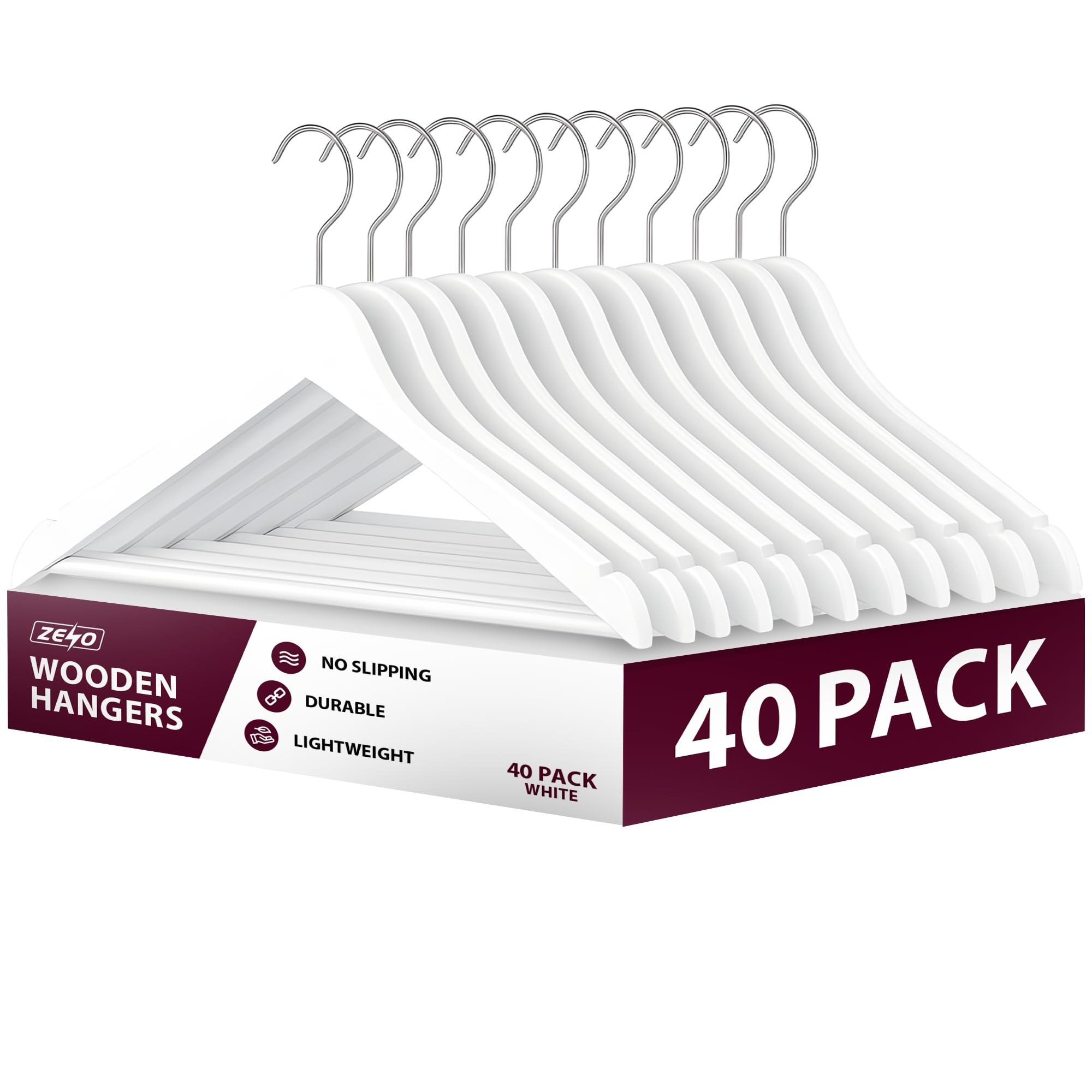 ZENO Wooden Hangers White 40 Pack | Wooden Coat Hangers | Hanger for Clothes with 360° Swivel Hook, Shoulder Notches & Anti Slip Design | Lightweight & Durable