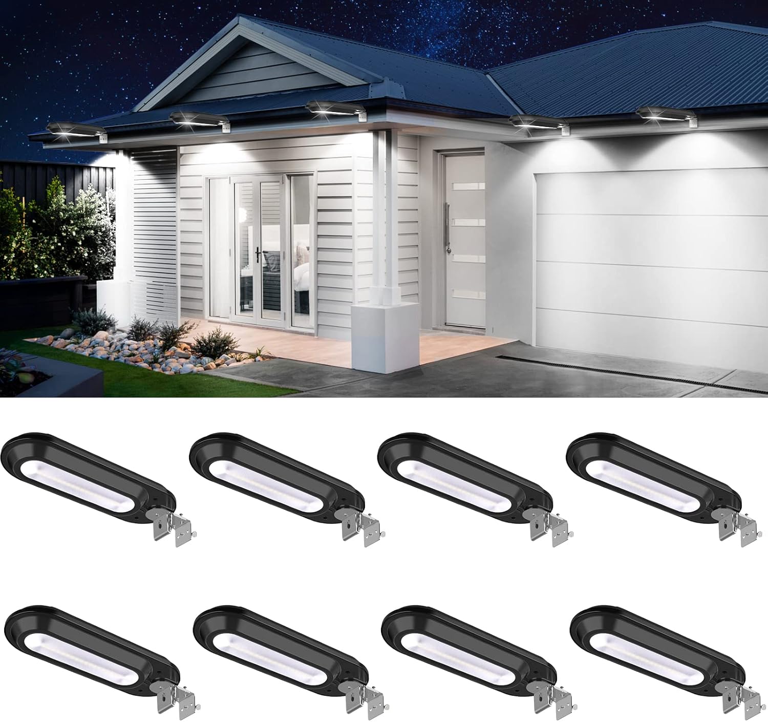 ROSHWEY Solar Outdoor Lights 200LM, 18 LED Gutter Lights Outdoor Waterproof, Bright Outside Paito Lights Deck Lamp, Outdoor Lighting for Backyard, Sign, Eaves (8 Pack-Cool White Light) 8 packs