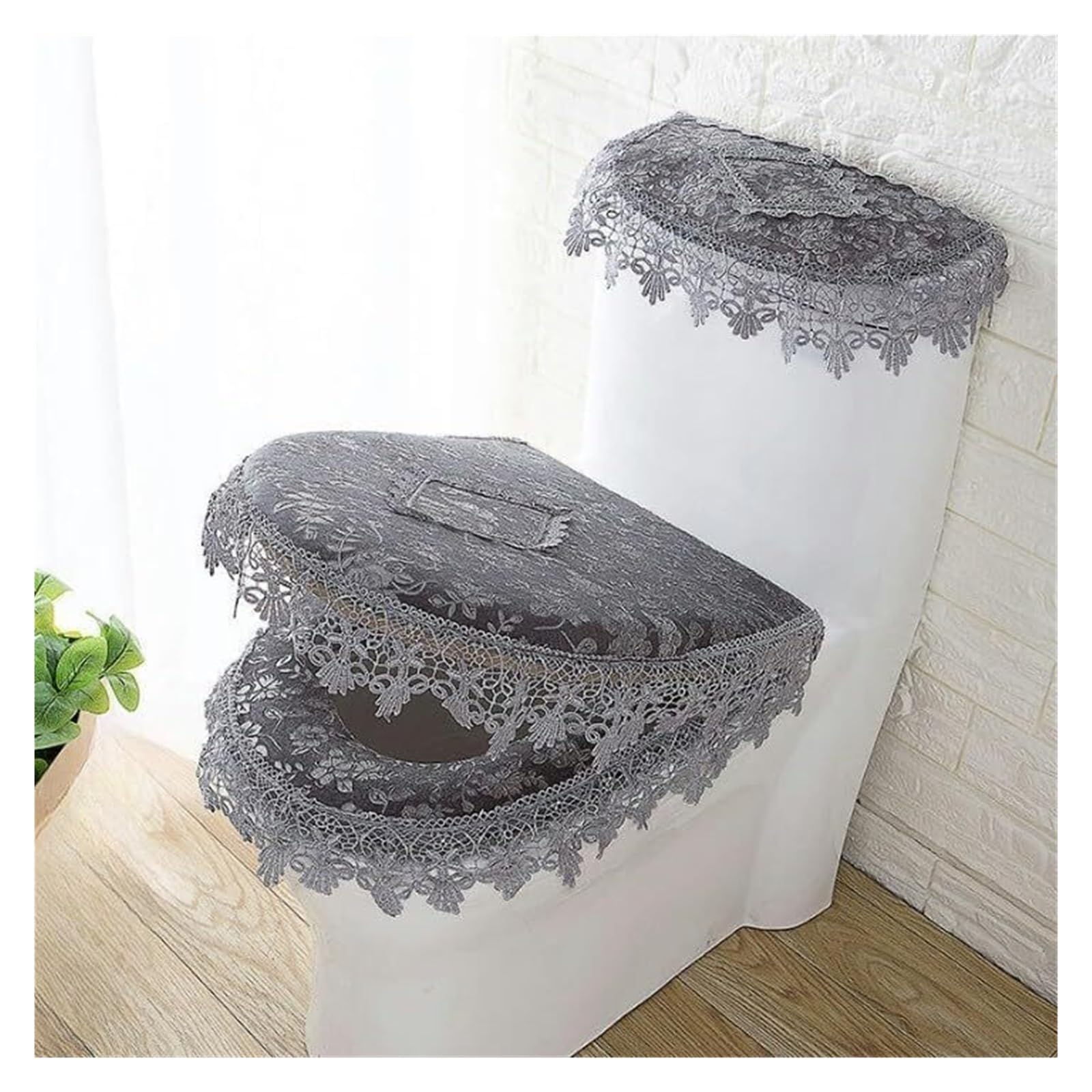 Coussin pour siège de toilettes en dentelle champagne et parure chic grise 3 pièces