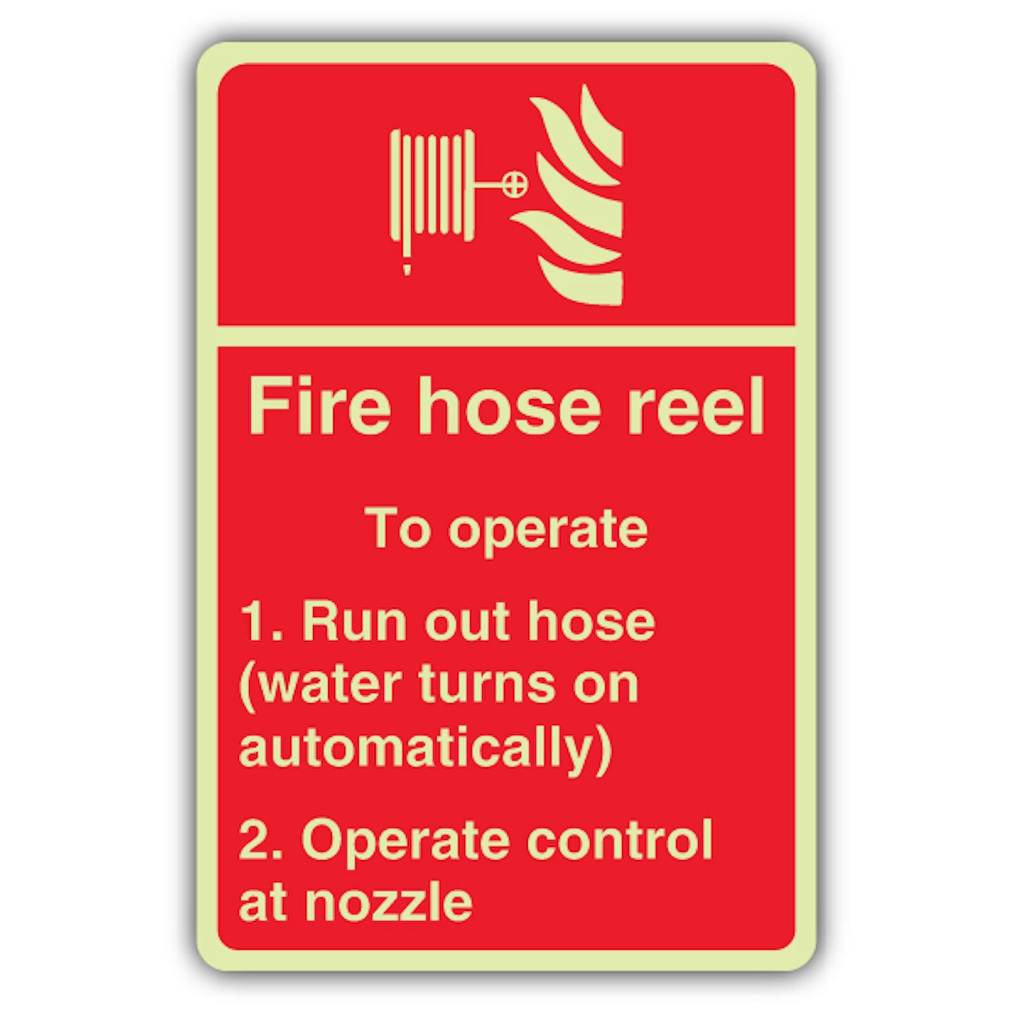 V Safety - Carrete de manguera de fuego que brilla en la oscuridad - Señal de manguera de 300 x 450 mm - Hecho de plástico rígido de triple brillo - Señalización de seguridad contra incendios
