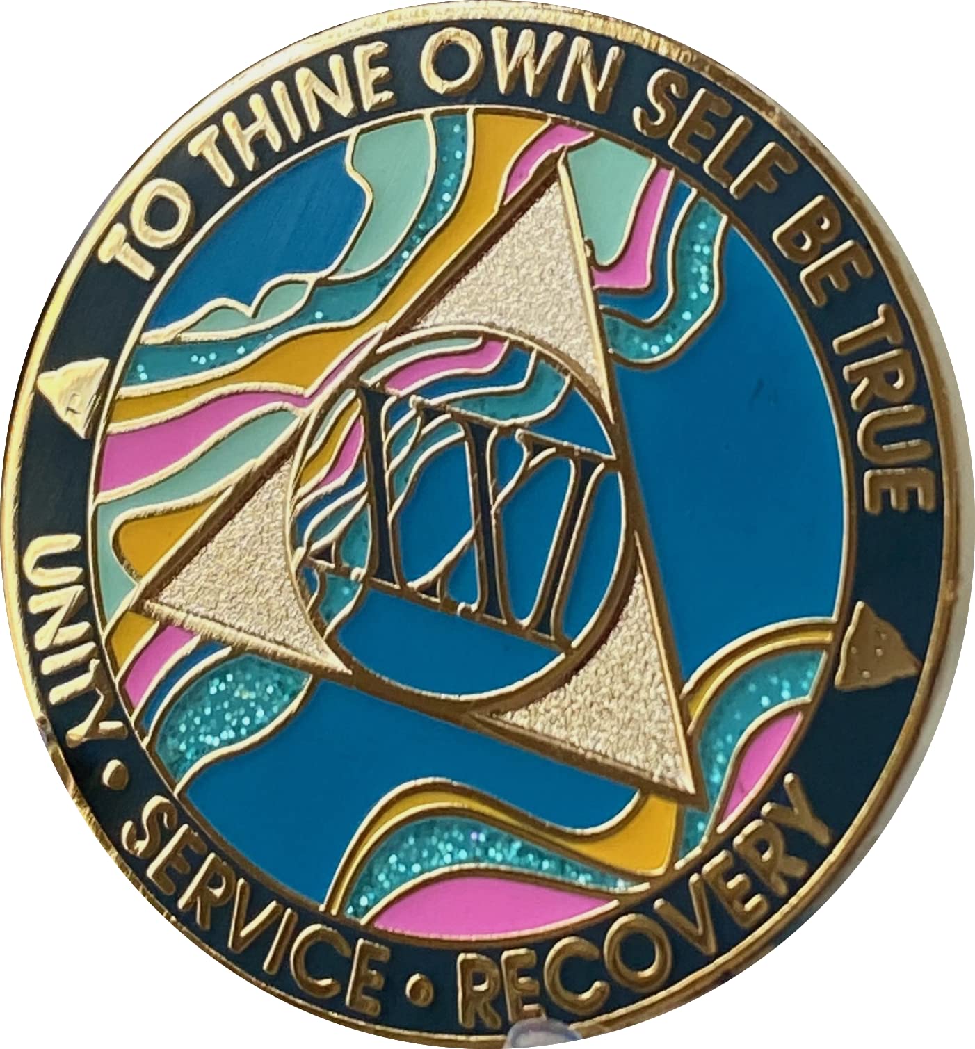 21 Year AA Medallion Elegant Marble Tahiti Teal Blue and Pink Gold Plated Chip