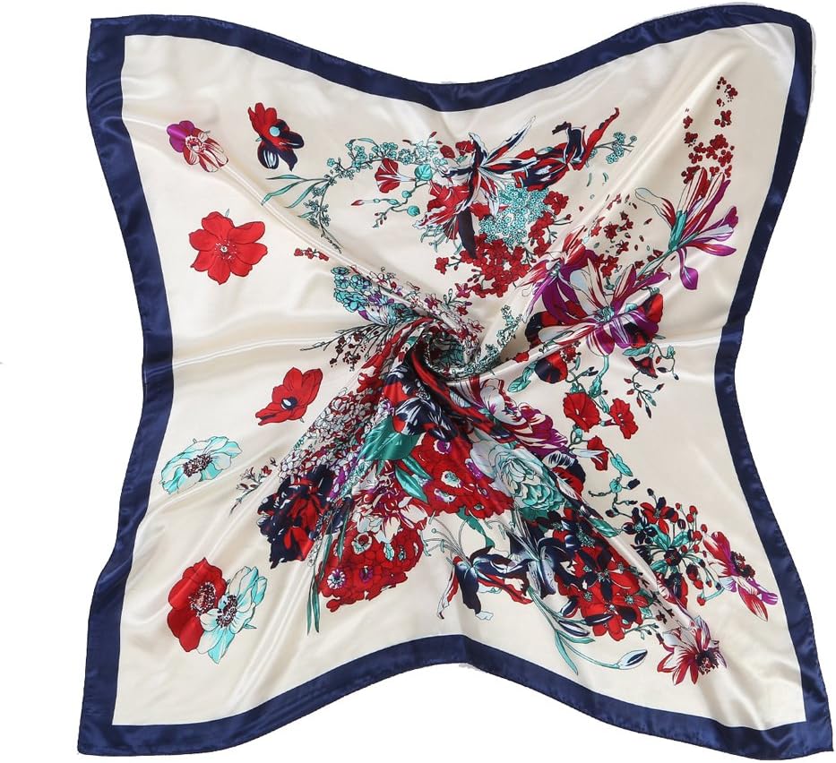 ANSAN Women's Butterfly Flower Pattern Large Silk Scarf for Hair Square Satin Print Neckerchief Headscarf