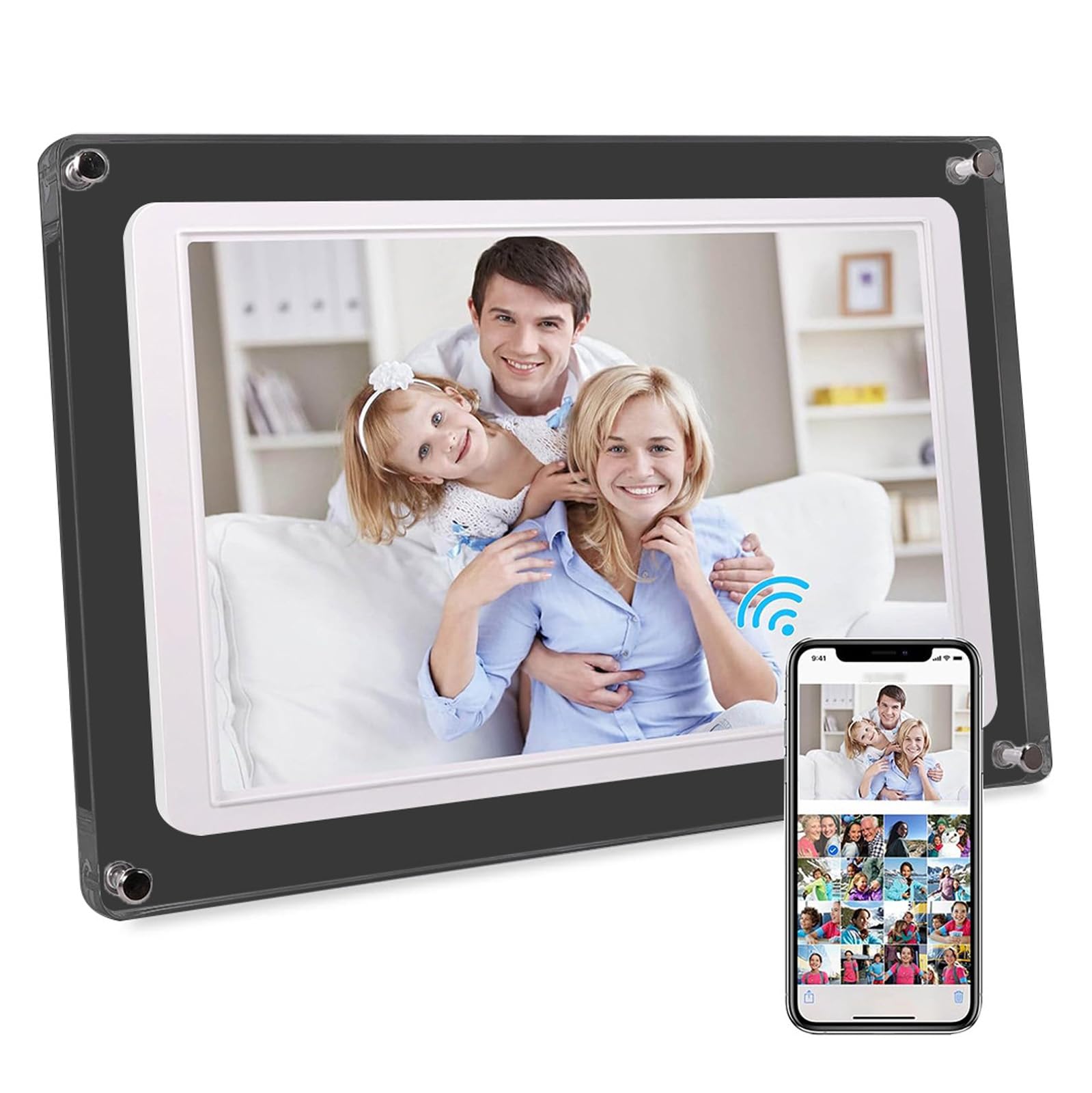 Marco digital acrílico con pantalla táctil HD de 10,1 pulgadas, WiFi, 8 GB de memoria, rotación automática, lector de fotos y vídeo (pulgada, 10,1, blanco)