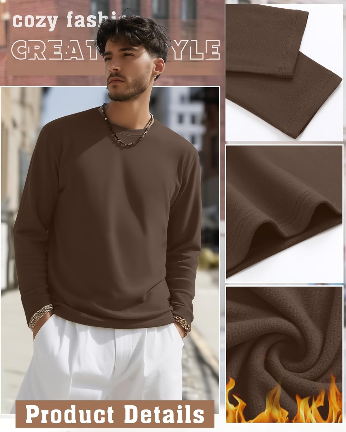 5 Pack Mens Big and Tall Thermal Shirts Fleece Lined Long Sleeve Loose Fit Tops Plus Size Undershirt Multipack - Image 3