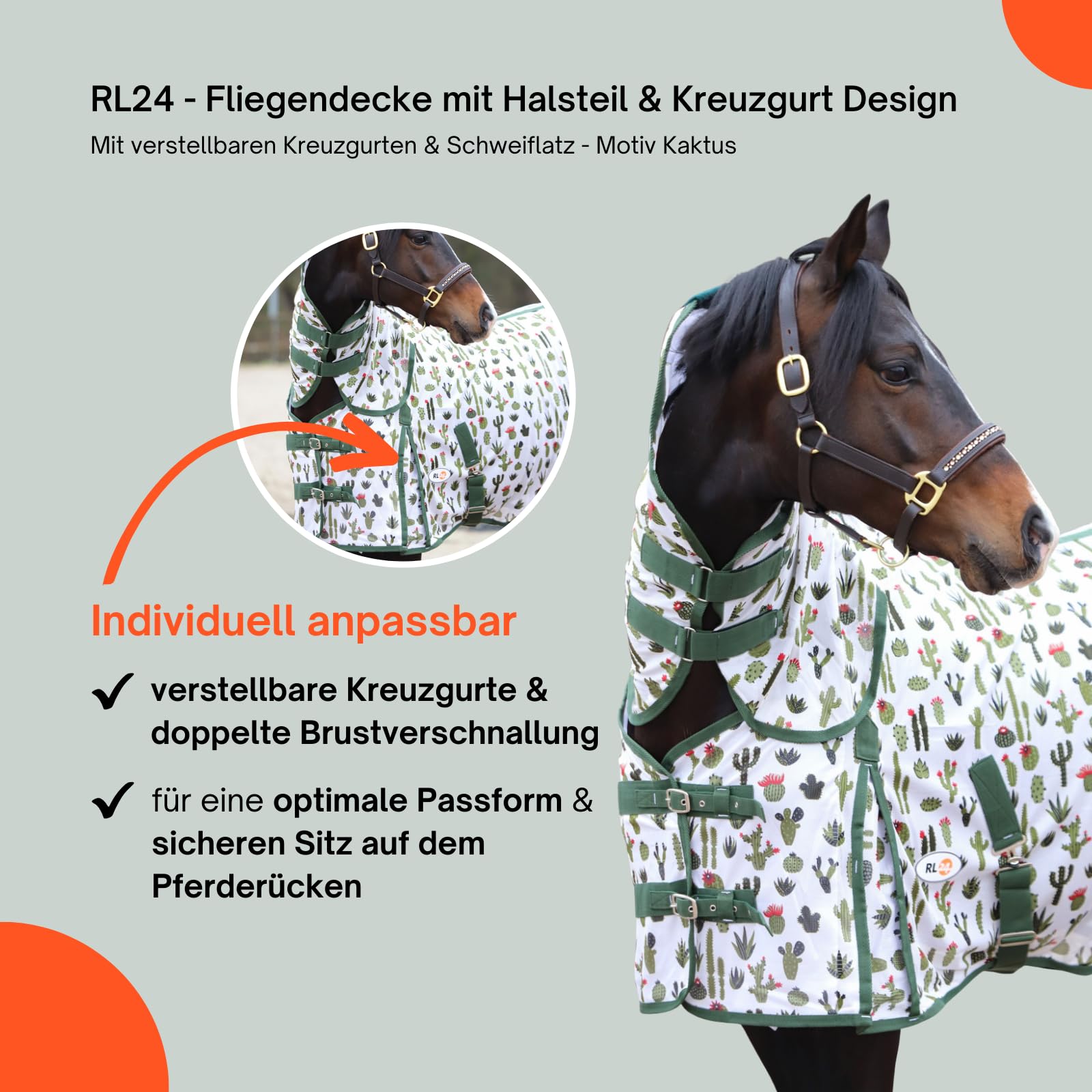 RL24 Fliegendecke mit Halsteil Kreuzgurt Design Kaktus Ekzemerdecke verstellbaren Kreuzgurten Schweiflatz Schutz vor Insekten Outdoor-Pferdedecke 125 cm