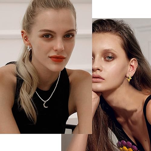 Miniatura 8 de FindChic Aretes hipoalergénicos para mujer, diseño de estrella, corazón, espiga, cuadrado, chapado en oro de 18 quilates, platino, bonitos aretes