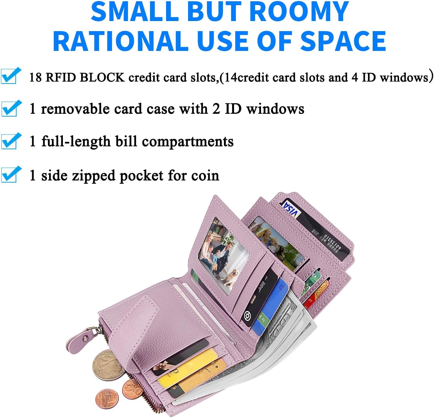 FT FUNTOR Small Wallet for Women Genuine Leather Bifold Compact RFID Blocking Zipper Pocket Ladies Credit Card Slots Purse with ID Window (Lychee Light Purple) - Image 2