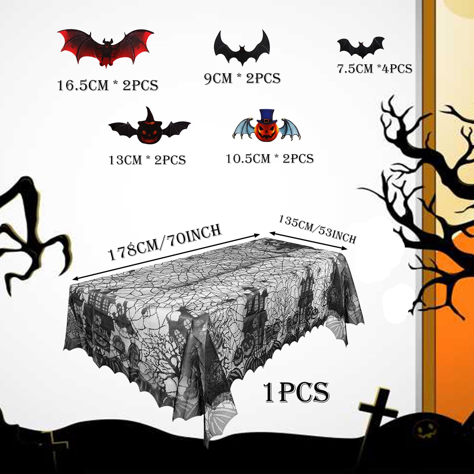 135*178cm Halloween Party Tablecloth Decoration with Pumpkin Wall Sticker DIY 3D Decorative Bats 12 Pieces,Halloween Spider Web Table cloth for Halloween Decor Outdoor Yard Party House Props Decor - Image 2