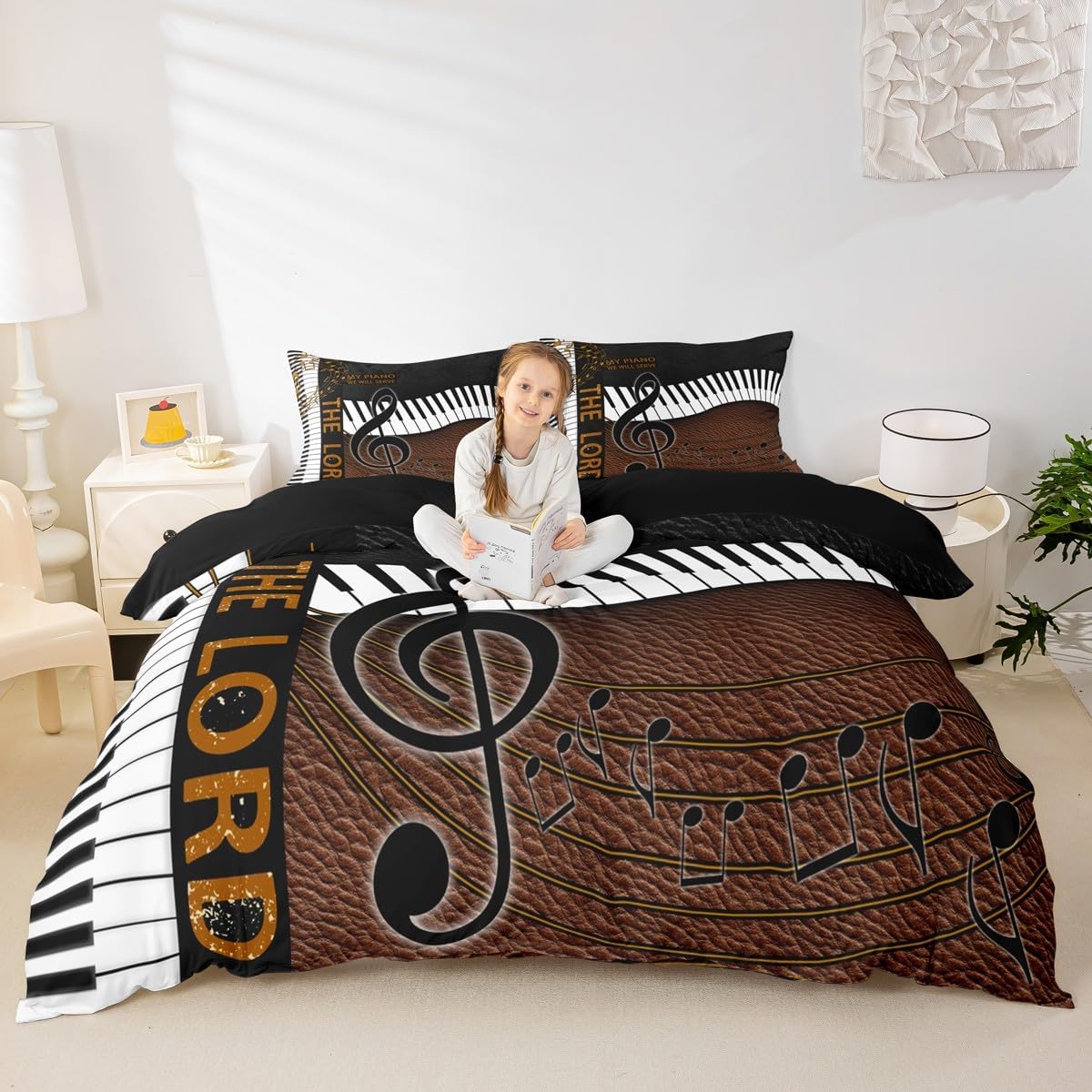 Luxury Piano Duvet Cover Set King Size,Musical Note Music Lover Bedding Set 3pcs for Kids Teens Boys Girls Room Decor, Nice Music Comforter Cover Brown Vintage Quilt Cover with 2 Pillowcases