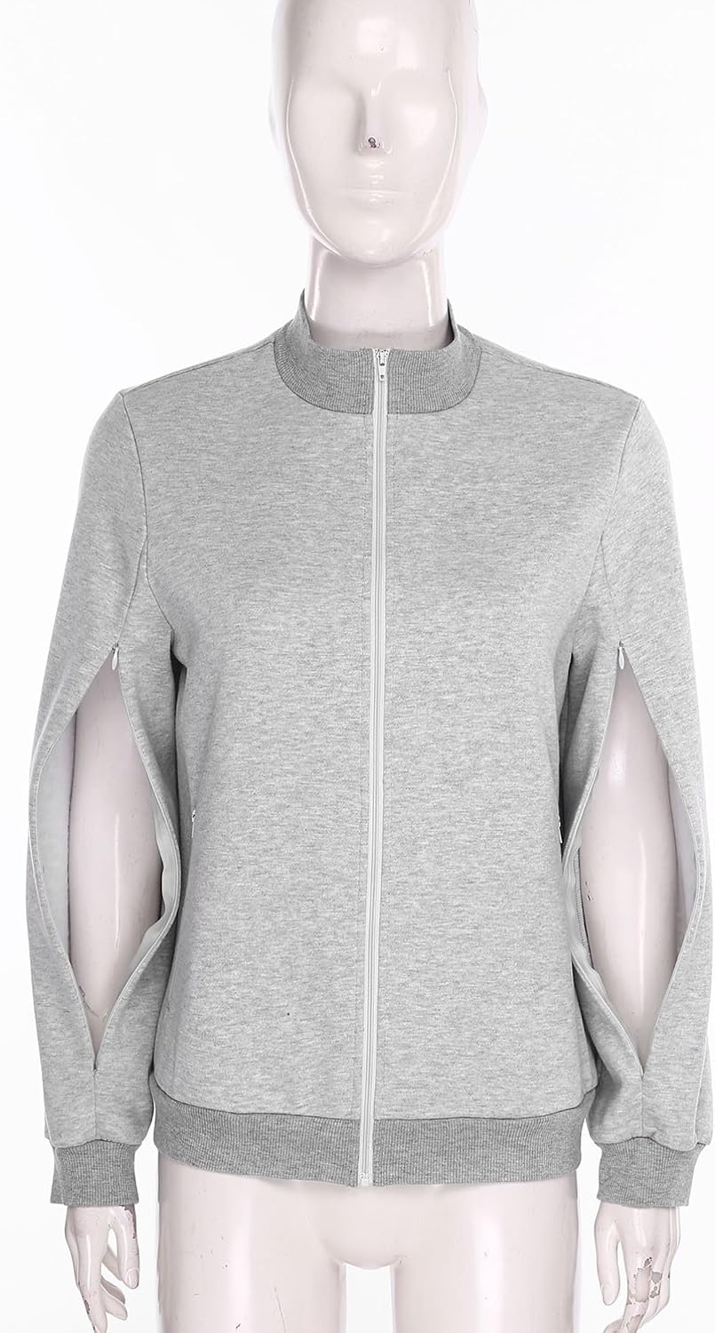dPois Womens Dialysis Recovery Sweatshirt Hidden Zipper Front Zip-Up Hospital Adaptive Outerwear Jacket