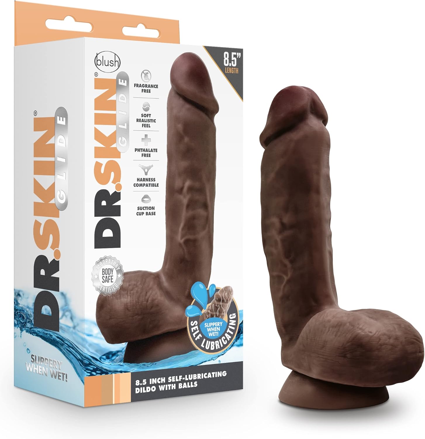 Blush Dr. Skin Glide 8.5” Self-Lubricating Dildo w/Balls - Realistic Adult Sex Toys for Women Men Couples - Huge Lifelike Penis for G- P-Spot Pegging Anal - Suction Cup O-Ring Compatible - Mocha Cock