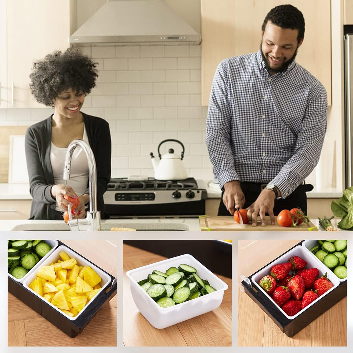 Ice Cooled Condiment Serving Container-3 Compartment Chilled Garnish Tray Bar Caddy with Hinged Lid (3 Compartments)