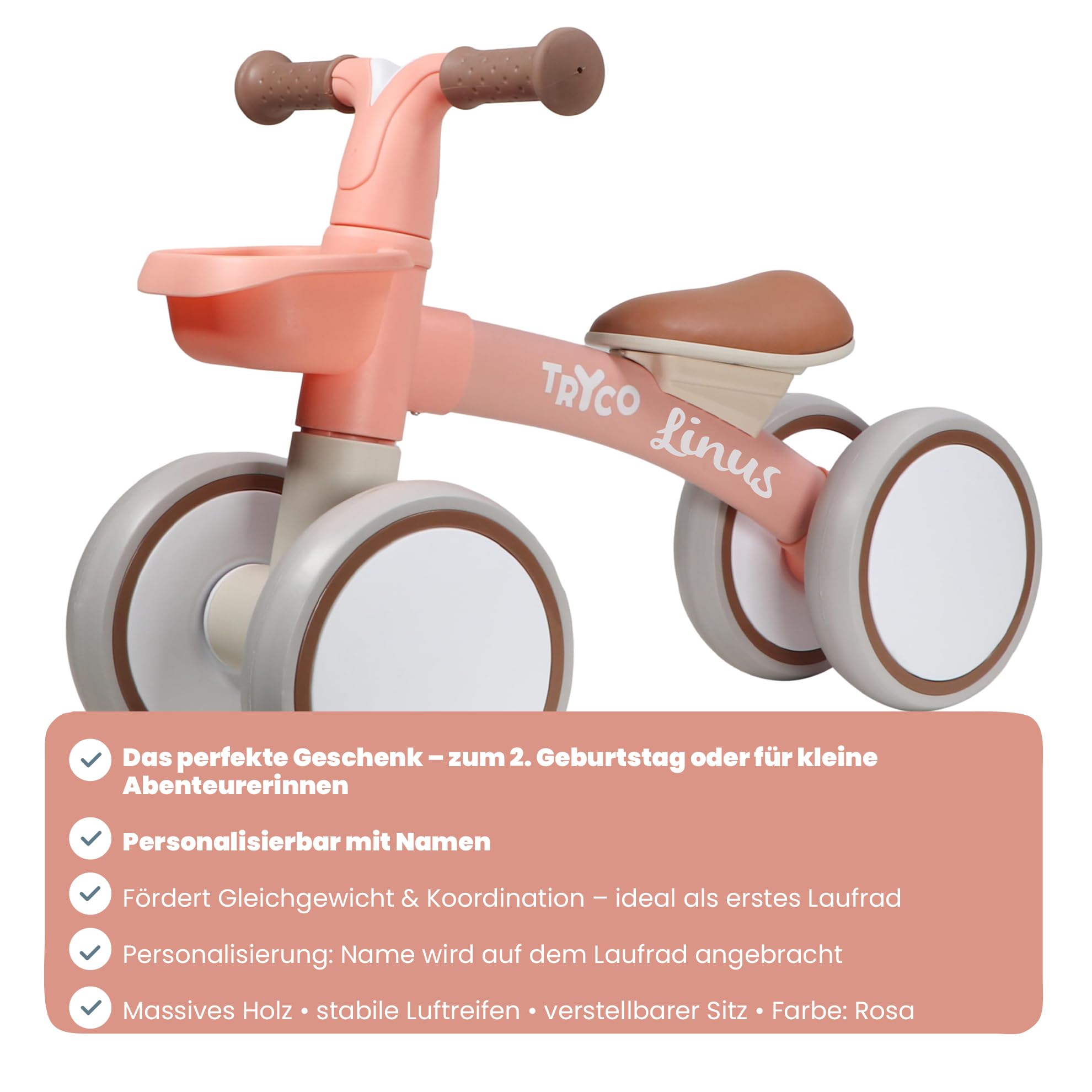 Lauflernrad Tryco First Bike Luna – Personalisierbar mit Namen – Kinderlaufrad aus Holz – Ab 2 Jahren – Balance Bike mit Namen