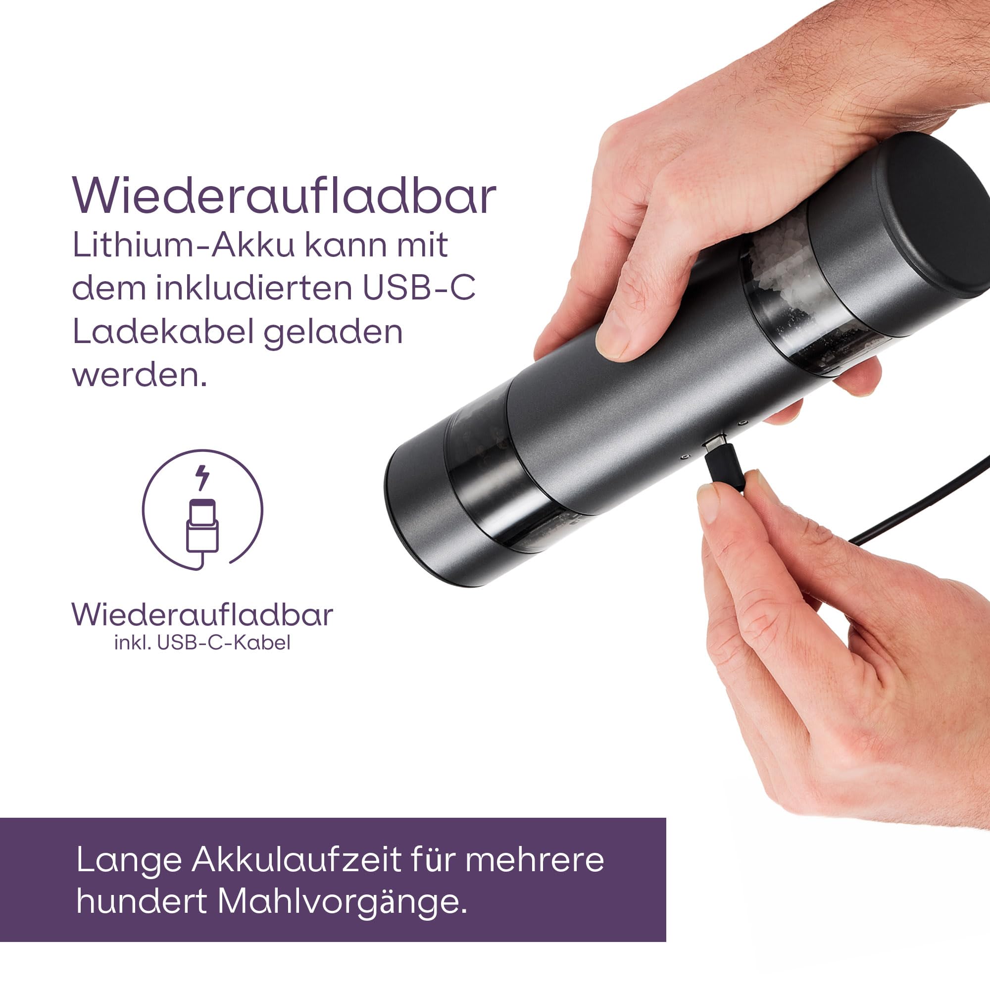 AdHoc i.Mill Duo Elektrische Salz- & Pfeffermühle, Doppelmühle | Mit GravitySwitch, USB-C, Keramikmahlwerk stufenlos einstellbar fein bis grob, leise und einhändig bedienbar