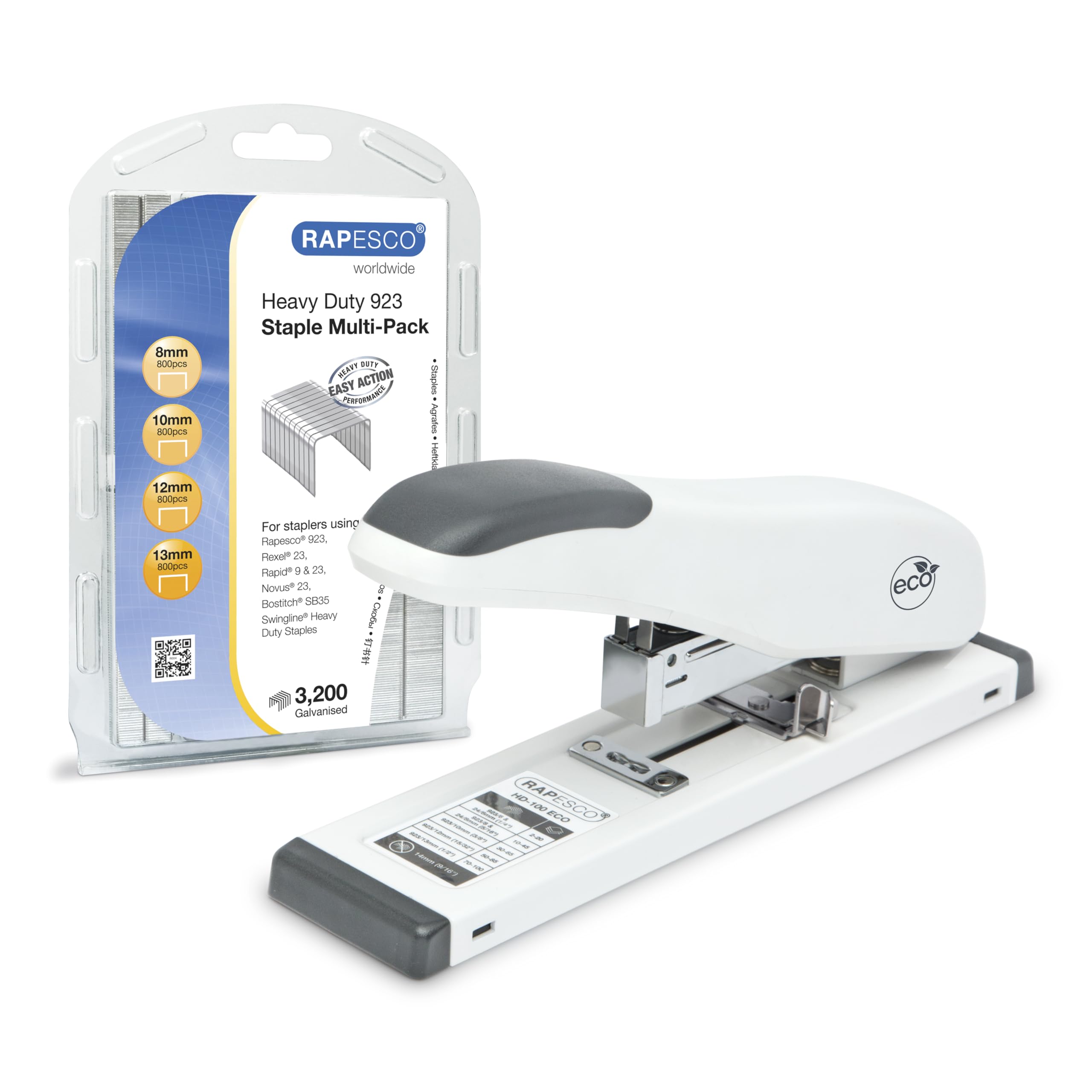Rapesco 1461 ECO HD-100 Grapadora de Gruesos con 3200 Grapas, Tipo 923/10mm, Capacidad para 100 Hojas, Blanco Mate