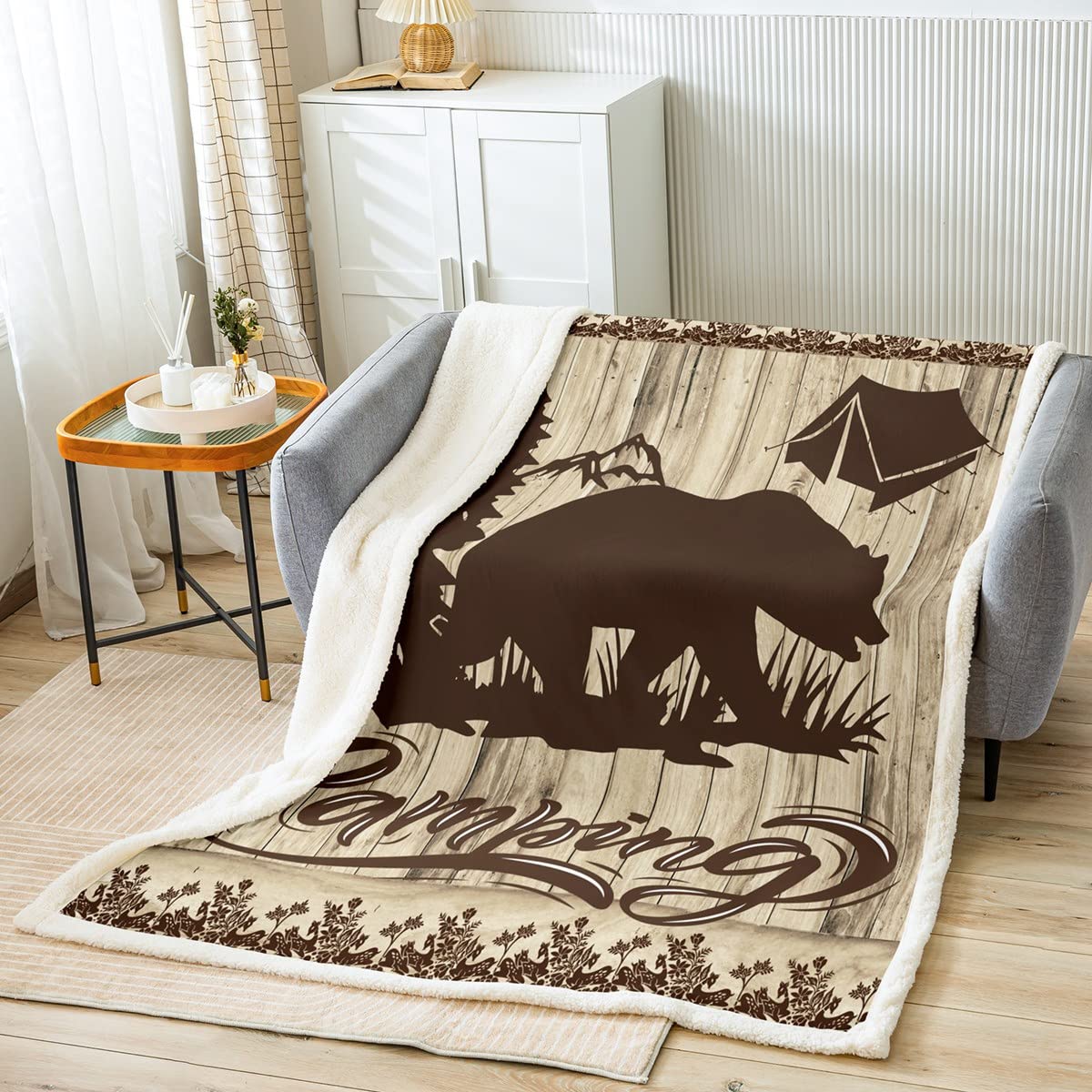 Orso campeggio Sherpa coperta coperta da caccia e campeggio in pile per bambini, ragazzi, ragazze, camper, coperta in stile rustico, per divano letto, queen 200 x 200 cm