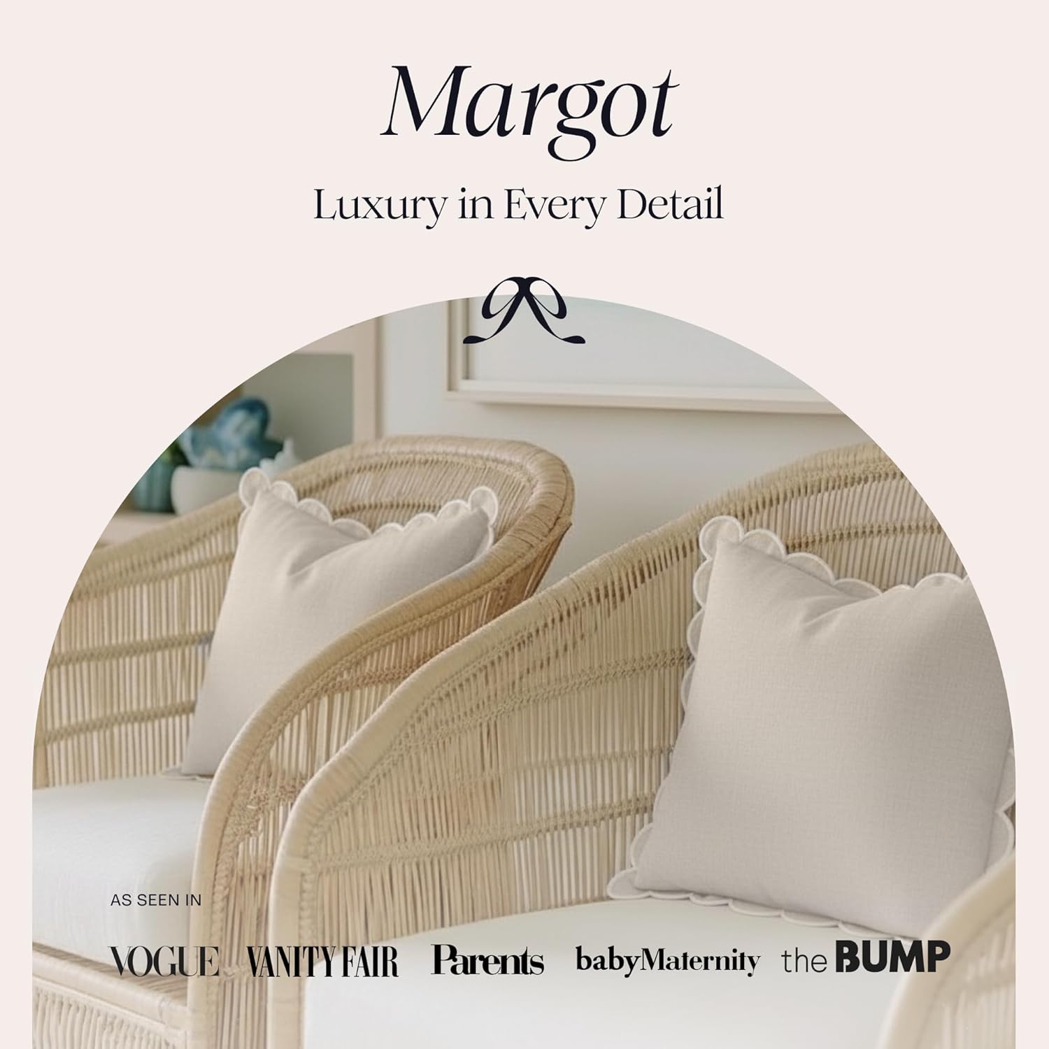 BEBE BASK Scalloped Pillow Cover - Set of 2 - 18 x 18 Inch - Scallop Pillow Cover Natural/White/Beige - 100% Cotton - Grandmillennial Style