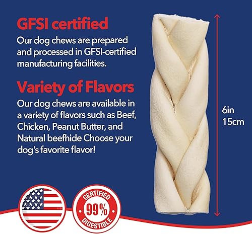 Miniatura 4 de Pet Factory Beefhide - Palitos trenzados masticables para perros de larga duración, 100% hechos en Estados Unidos, cuero crudo natural de ganado