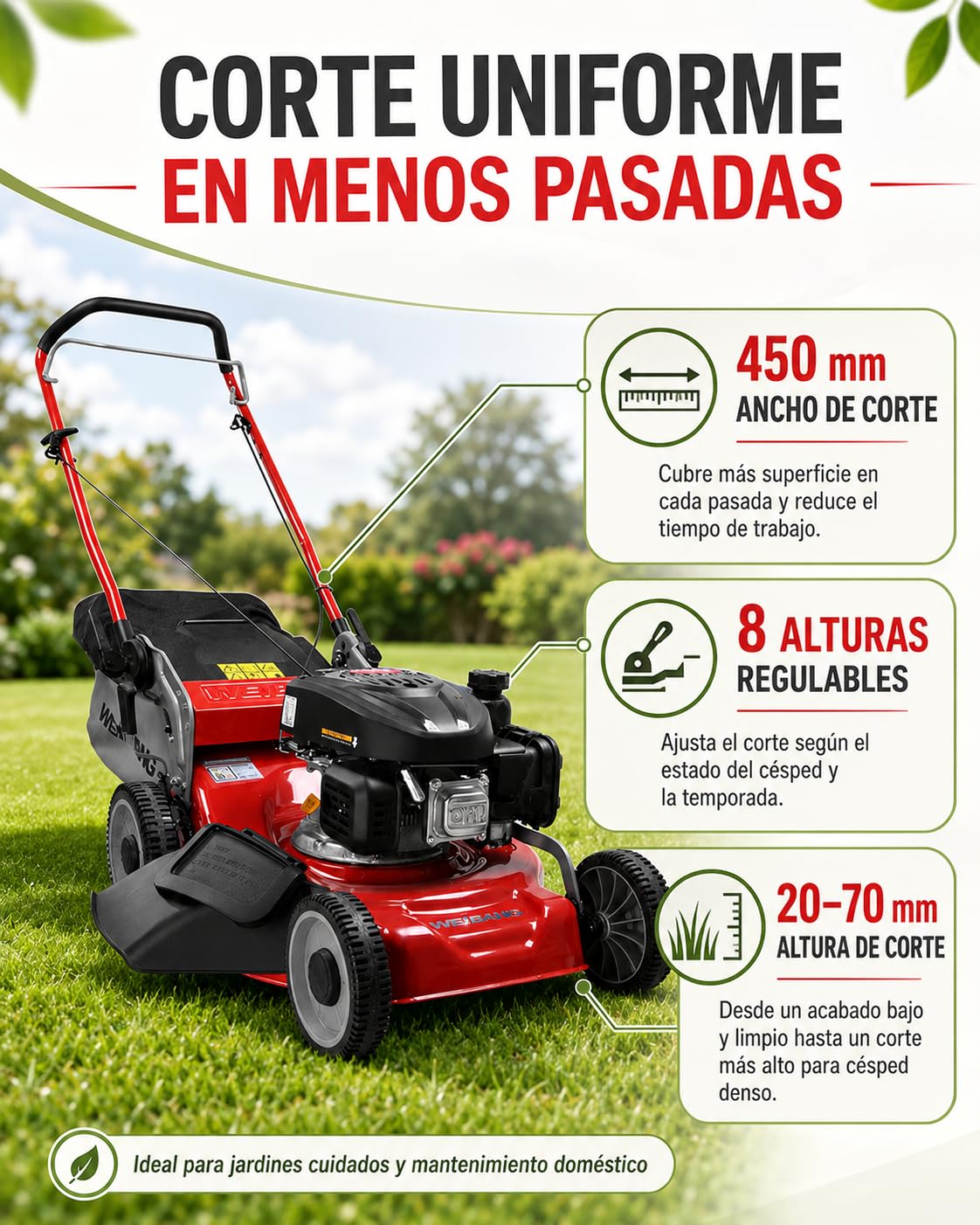 WEIBANG Cortacésped a Gasolina, Motor Loncin 1P65FE1, 45 cm Ancho de Corte, Función 3 en 1, Chasis de Acero, Saco de 50 l