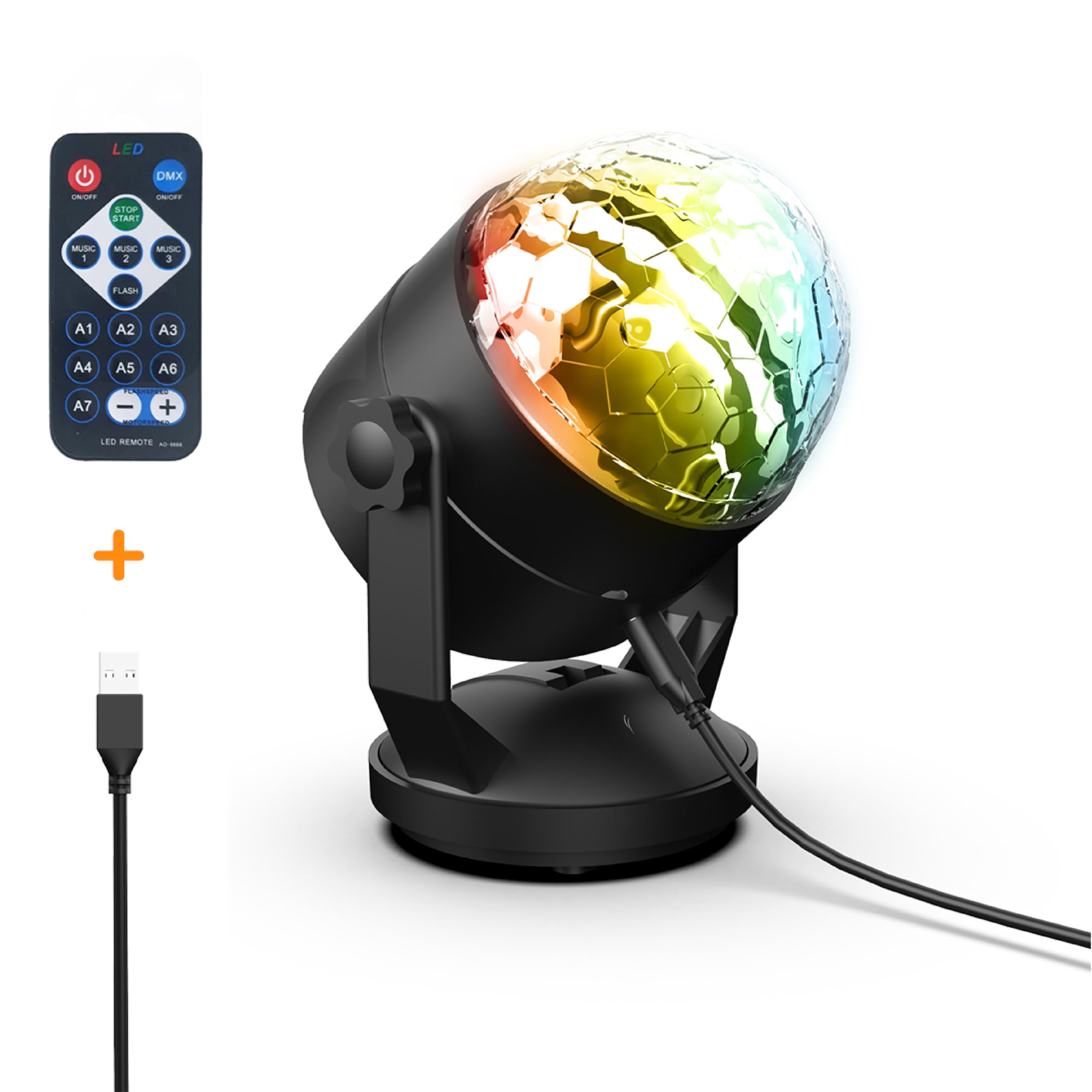 R-MUSIC – DISCO BALL – Boule Disco + Télécommande – Rotation 180° – Lumière de scène, 6 motifs animés au rythme du son – Effet de lumière LED RGB – Accrochage par ventouse – Pour Fête, DJ, Bar, Club