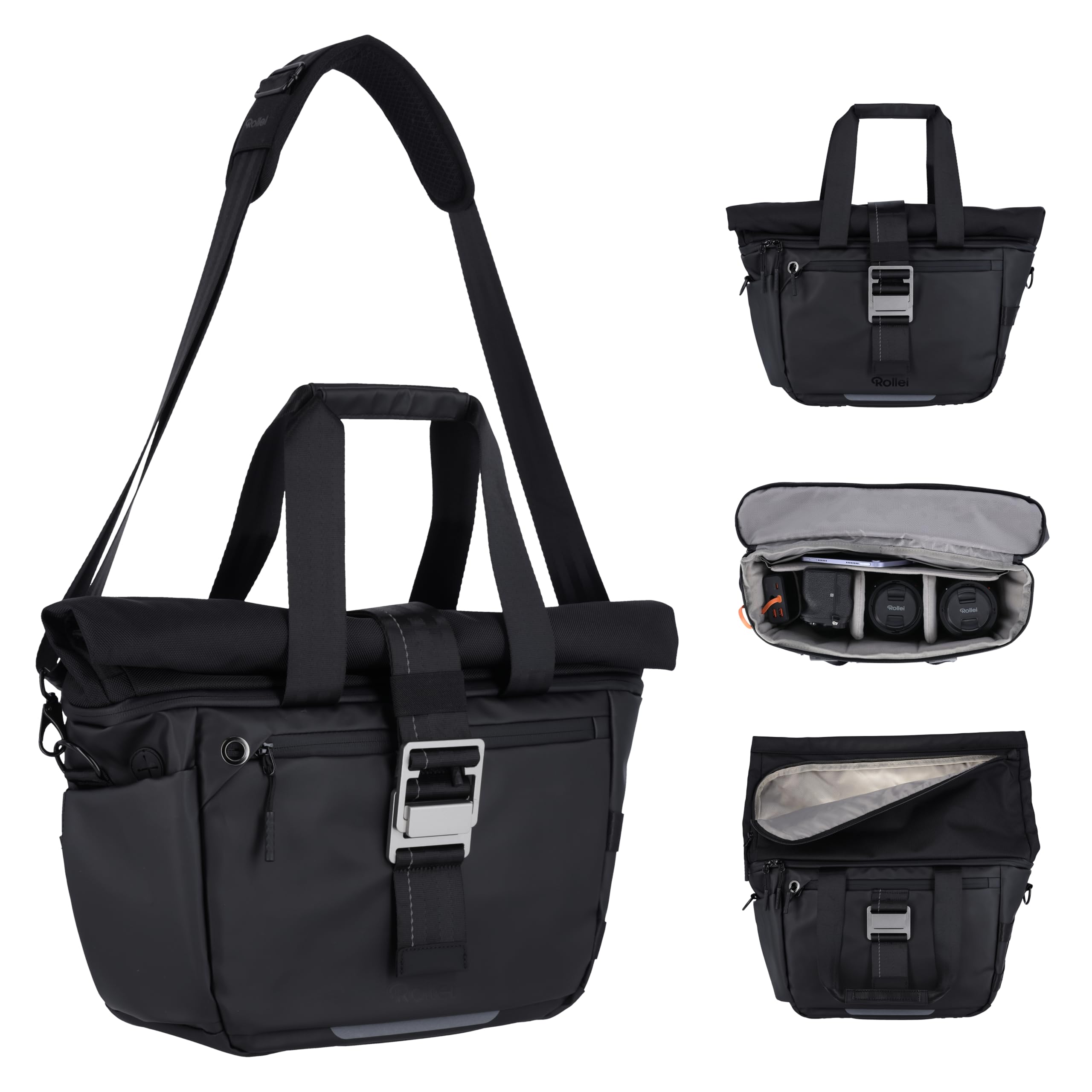 Borsa per Fotocamera, Rollei Fotoliner Ocean Rolltop Bag L Borsa Fotografica Impermeabile Zaino Fotografico Grande con Tracolla Regolabile Crossbody Borse per Macchina Fotografia DSLR e Accessori Nera