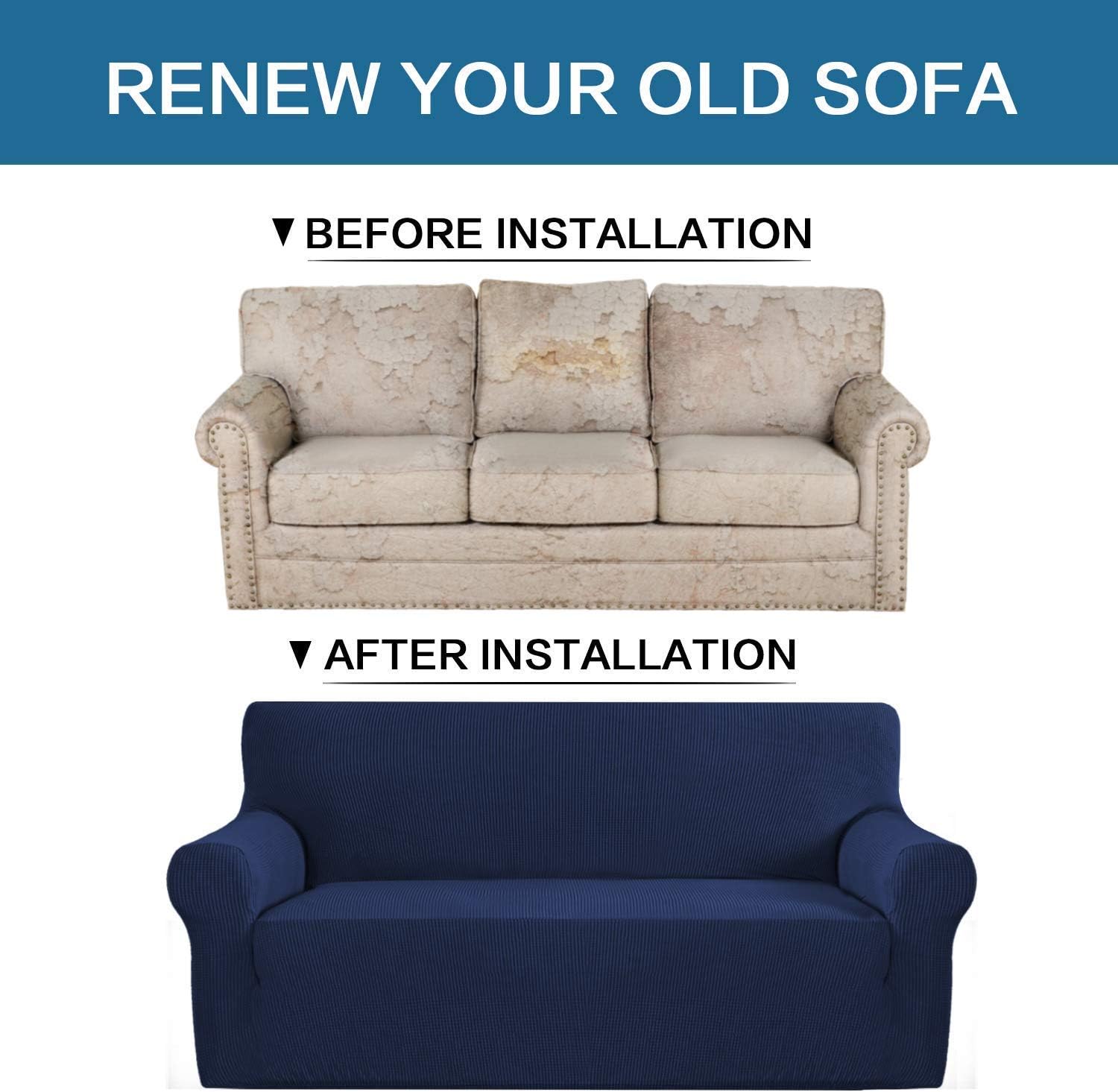 H.VERSAILTEX Stretch Sofa Covers (Sofa 72"-96": Navy) for 3 Cushion Couch Bundle Stretch Chair Slipcover (Armchair 32"-48", Navy) Small Checks Jacquard Soft Thick, Removable and Washable