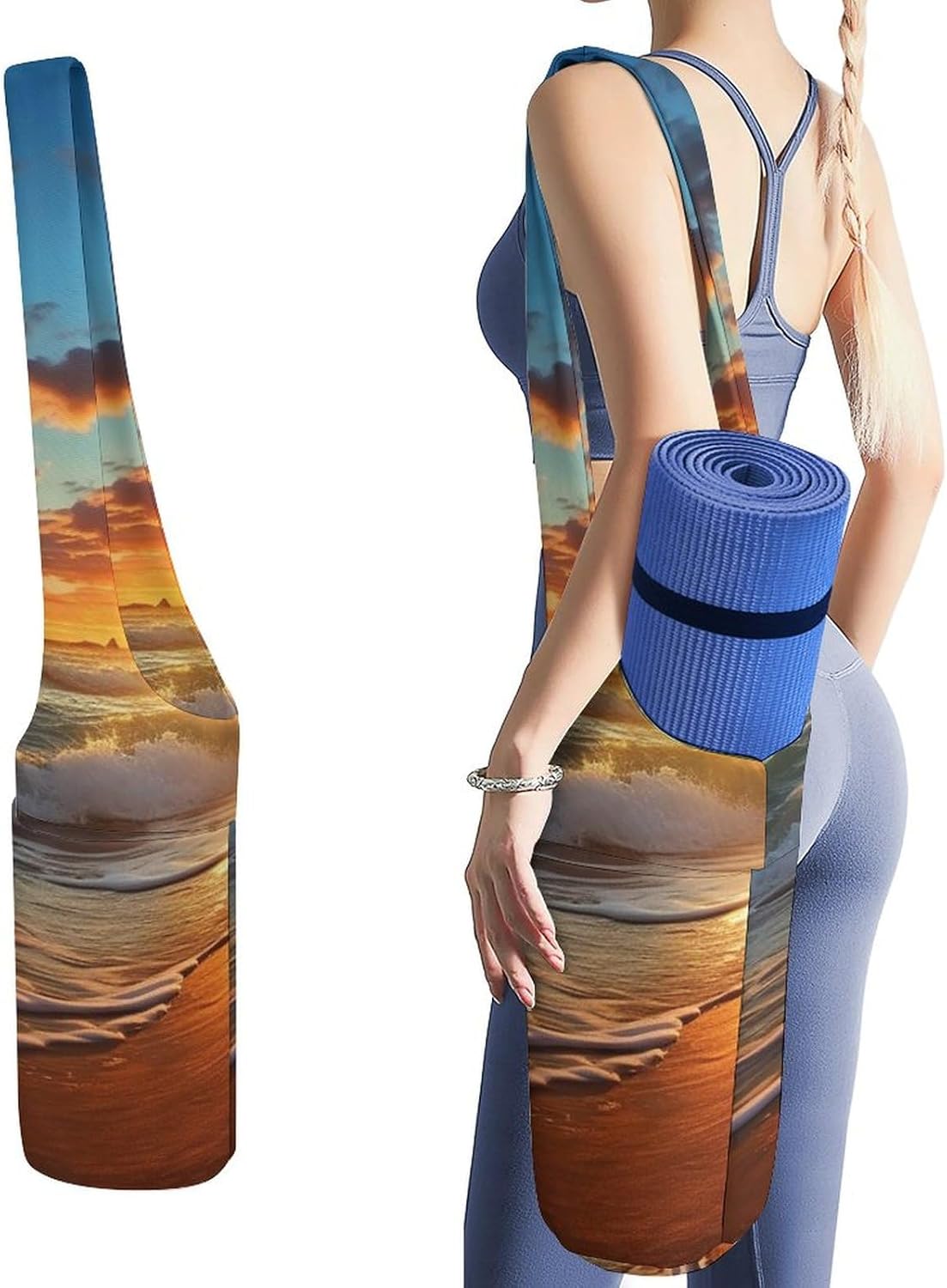 Portable Yoga Mat Bag Sunset Ocean Beach Printed Gym Bag with Strap Yoga Mat Storage Bag Gym Tote Sports Bag for Pilates Travel Men Women