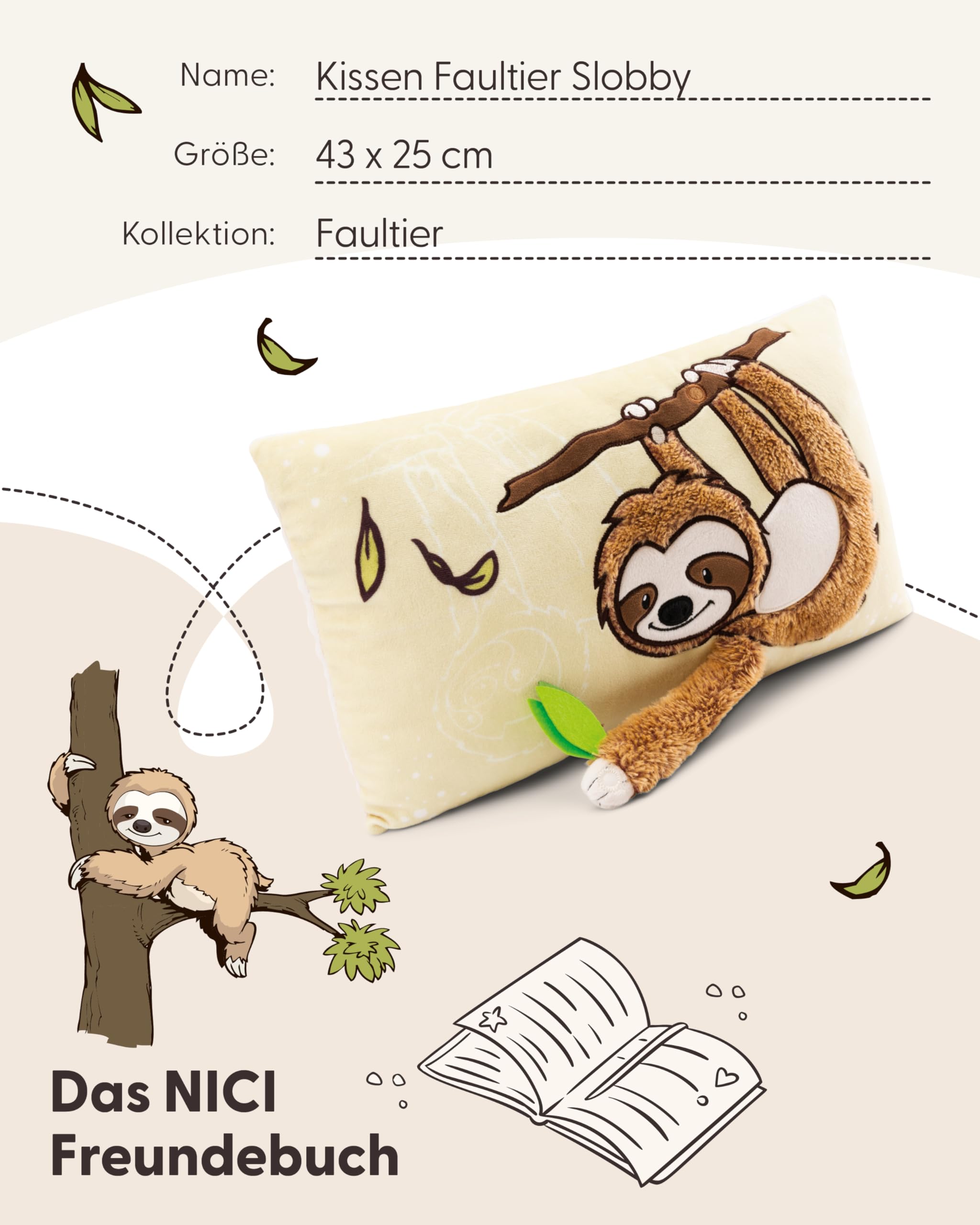 NICI Kinder Kissen Faultier Slobby 43x25cm braun - Flauschiges Kuschelkissen für Kinder und Kuscheltierliebhaber: ideal für Zuhause, Kindergarten oder unterwegs - 61216