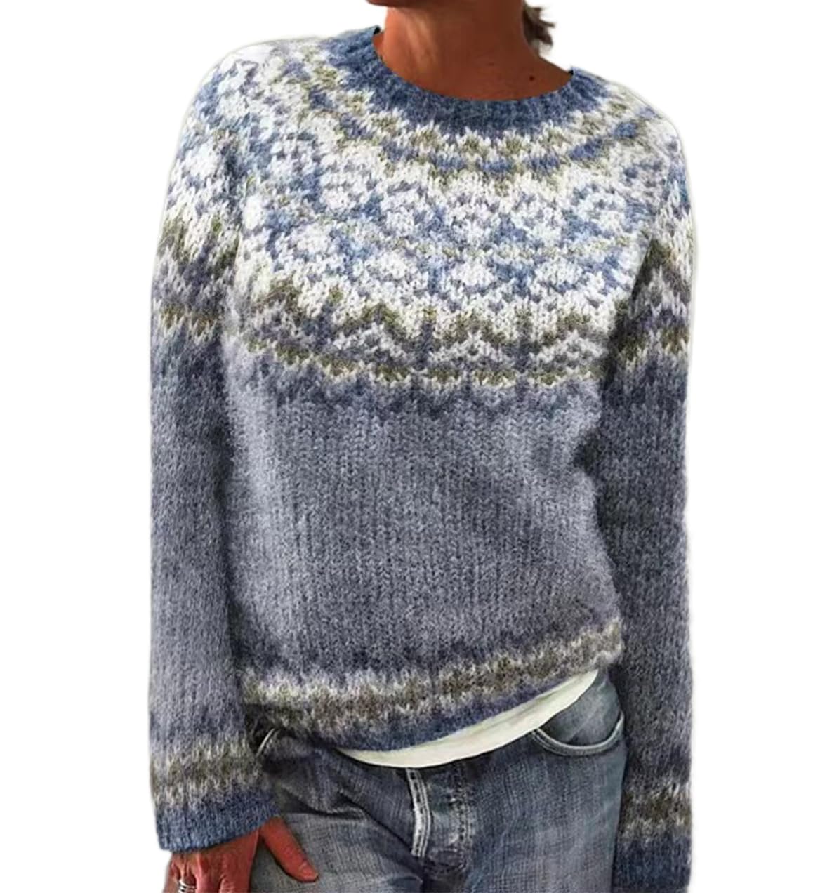 Womens Fair Isle Knit Pullover Sweater Oversized Casual Loose Crewneck Vintage Striped Long Sleeve Jumper Tops