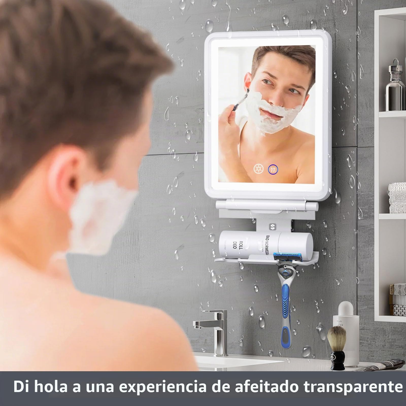 Espejo de Ducha Antivaho Calefactable，Espejo de Afeitar con Luz para Baño | 3 Colores de Luces Regulables, Espejo de Afeitado Recargable sin Niebla con Soporte para Maquinilla para Hombres