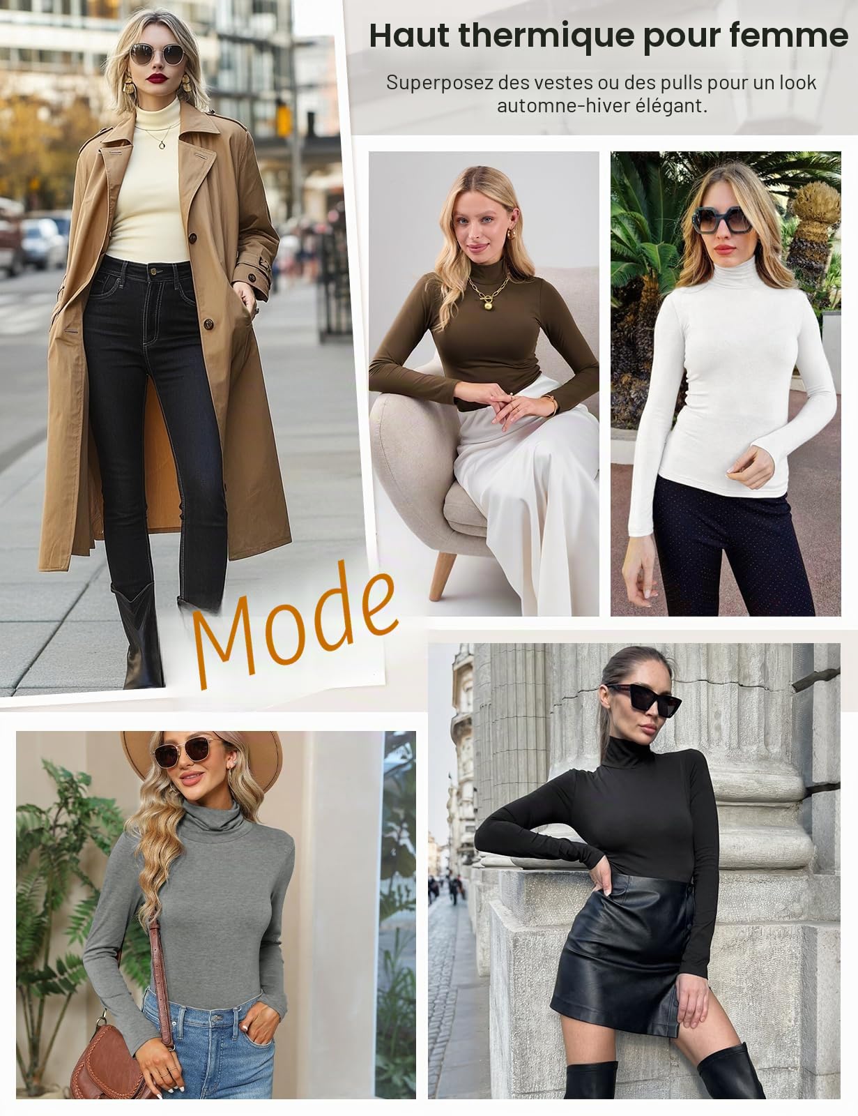 Yuson Girl Hauts Thermiques Femme sous-Vêtement Thermique Col Haut Manches Longues Base Layer Moulant Top Chic Sweatshirt Décontracté Chaud Haut de Basique Confortable